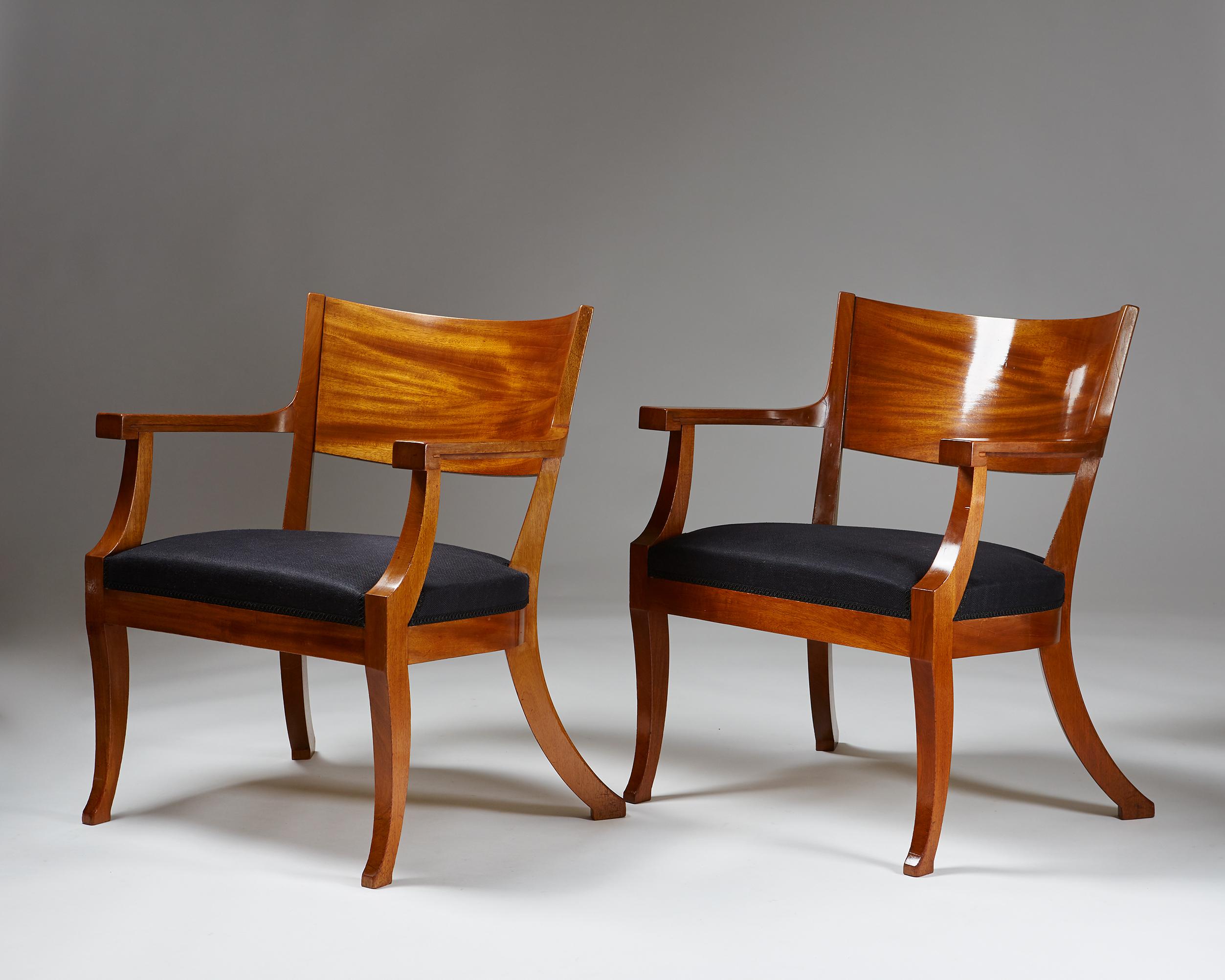 Solid mahogany and linen upholstery.

Measures: H 86 cm/ 2' 10''
W 72 cm/ 2' 5''
D 62 cm/ 2' 1''
SH 46 cm/ 18''

Sold as a pair.

Provenance: Uppsala Castle, Sweden.