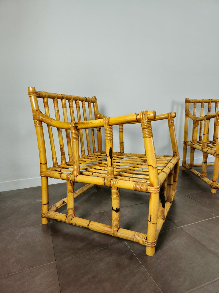Pair of Armchairs Bamboo Rattan Green Fabric Midcentury Italian Design