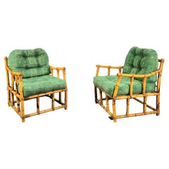 Pair of Armchairs Bamboo Rattan Green Fabric Midcentury Italian Design, 1960s