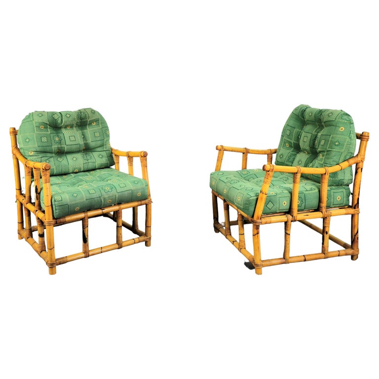 Pair of Armchairs Bamboo Rattan Green Fabric Midcentury Italian Design