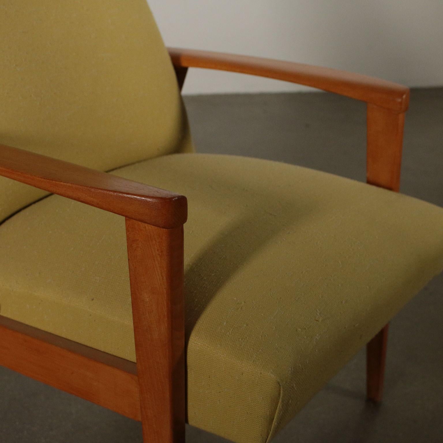 Italian Pair of Armchairs Beech Fabric Upholstery Vintage, Italy, 1950s-1960s