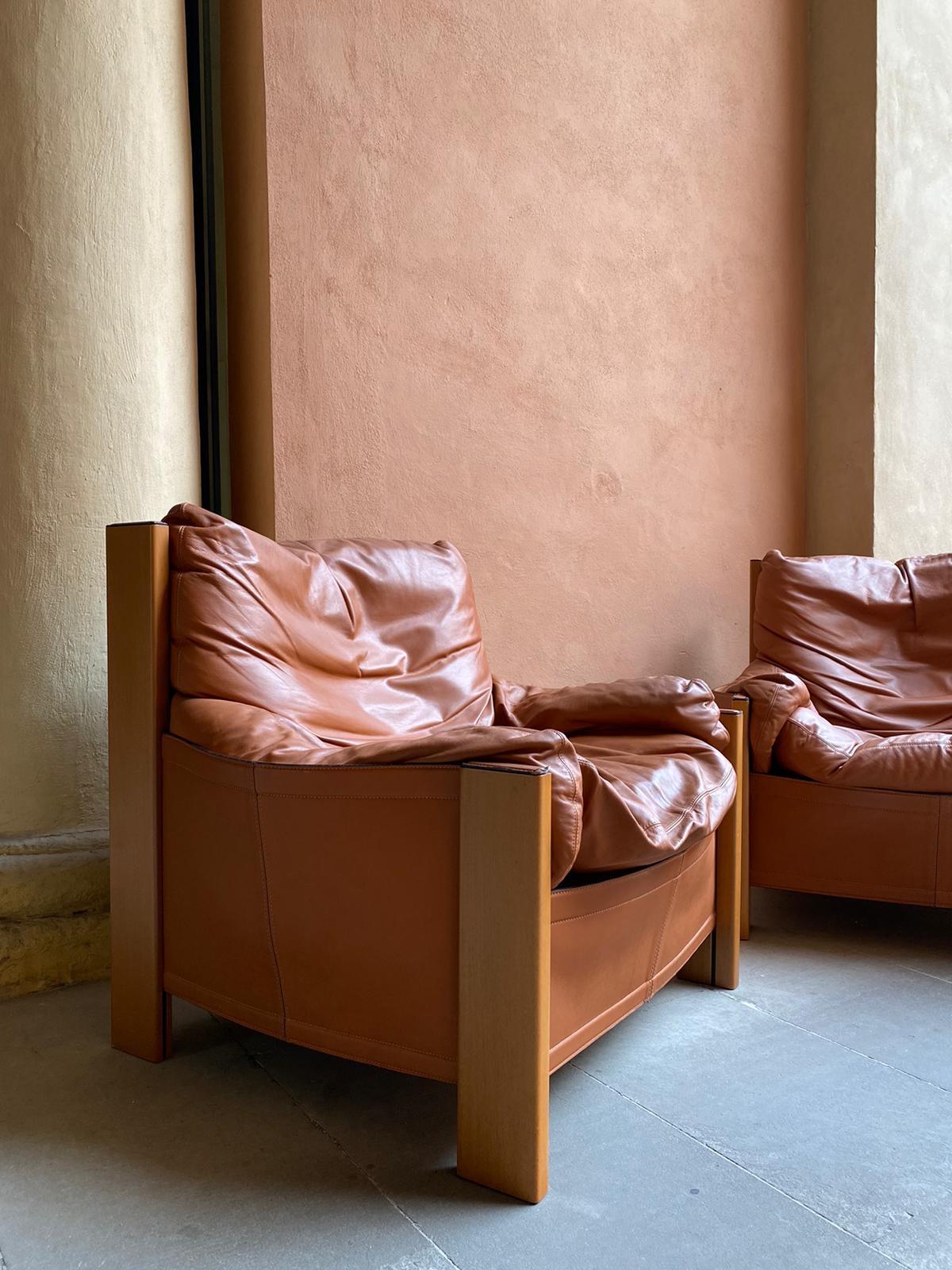 Leather Pair of Armchairs Bergere by Afra Tobia Scarpa for Maxalto, Italy, 1970s