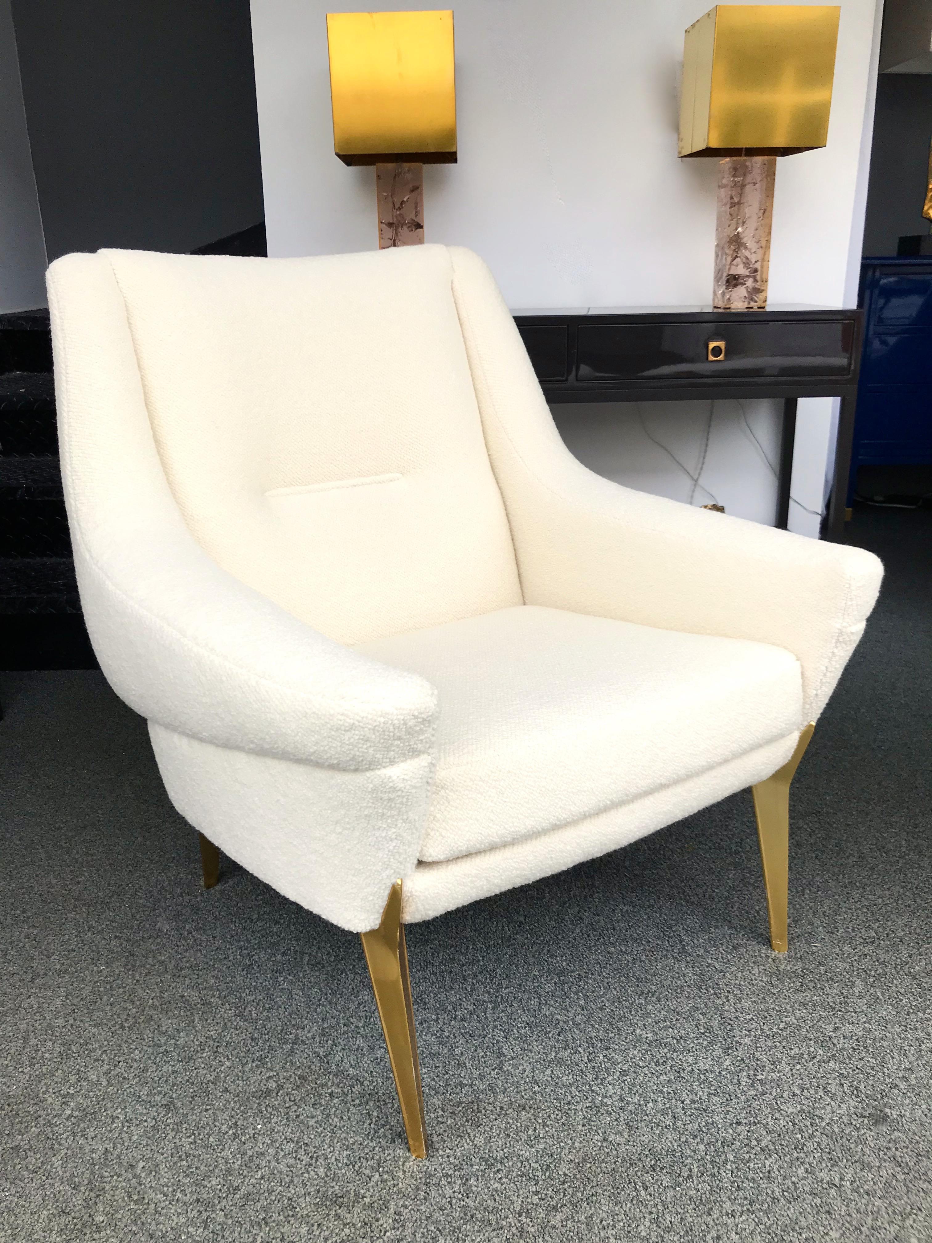 Rare pair of lounge armchairs by Charles Ramos. Gilt metal style brass bronze feet. Structure in massive wood. Fully upholstered with the best Judith fabric by Pierre Frey. Famous design like Gio Ponti, Gianfranco Frattini, Cassina, Osvaldo Borsani,