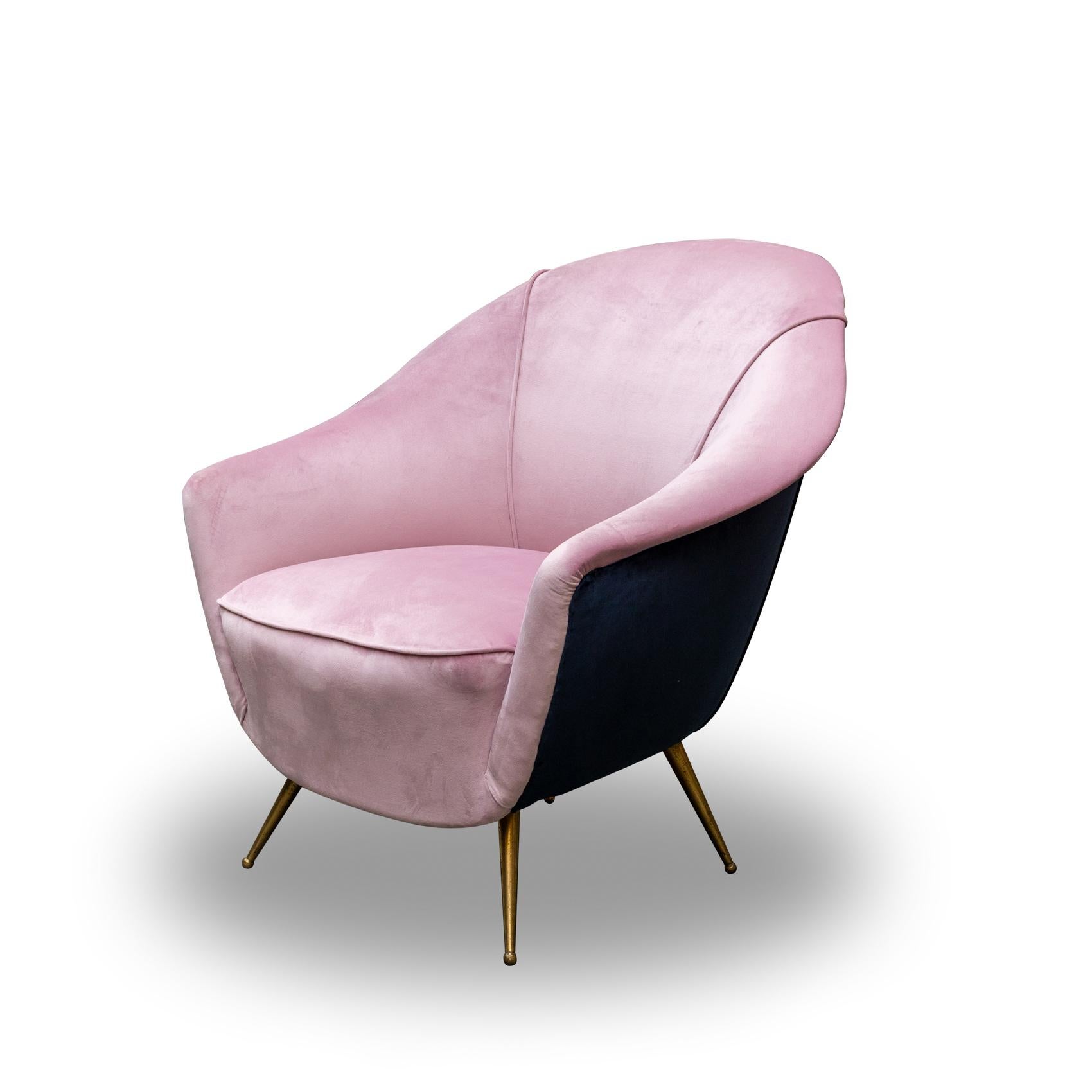 Pair of fobulous Mid-Century Modern armchairs by Ezio Minotti Italy 1955s. Brass Legs and pink and blu velvet .Suitable for any type of environment with their mid -fifties Italian style they give an imprint and decor to the house. The velvet has