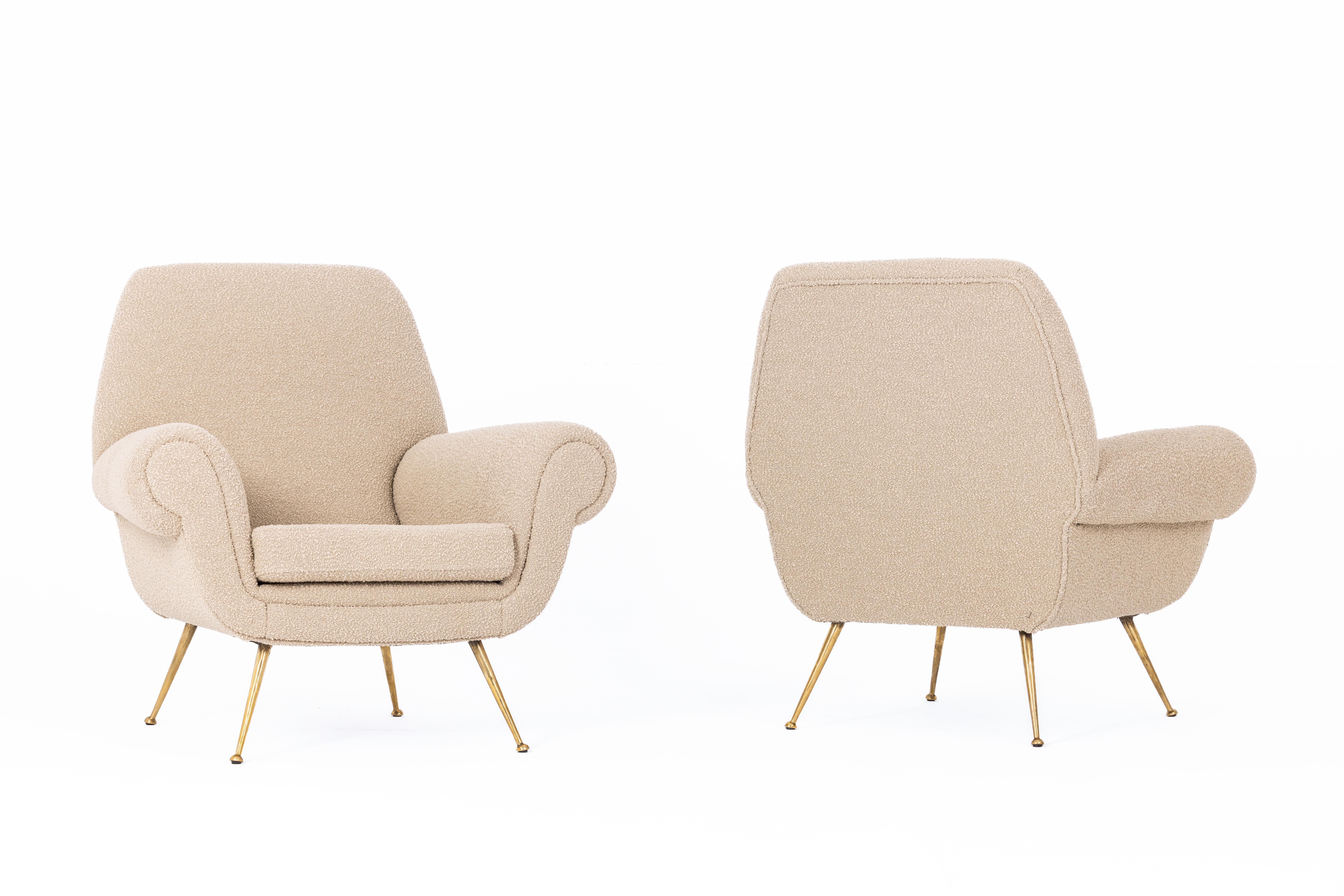 Pair of armchairs designed by Gigi Radice, Italy 1950s, entirely renovated, brass legs, boucle' fabric by Bisson Bruneel (Bergamo)