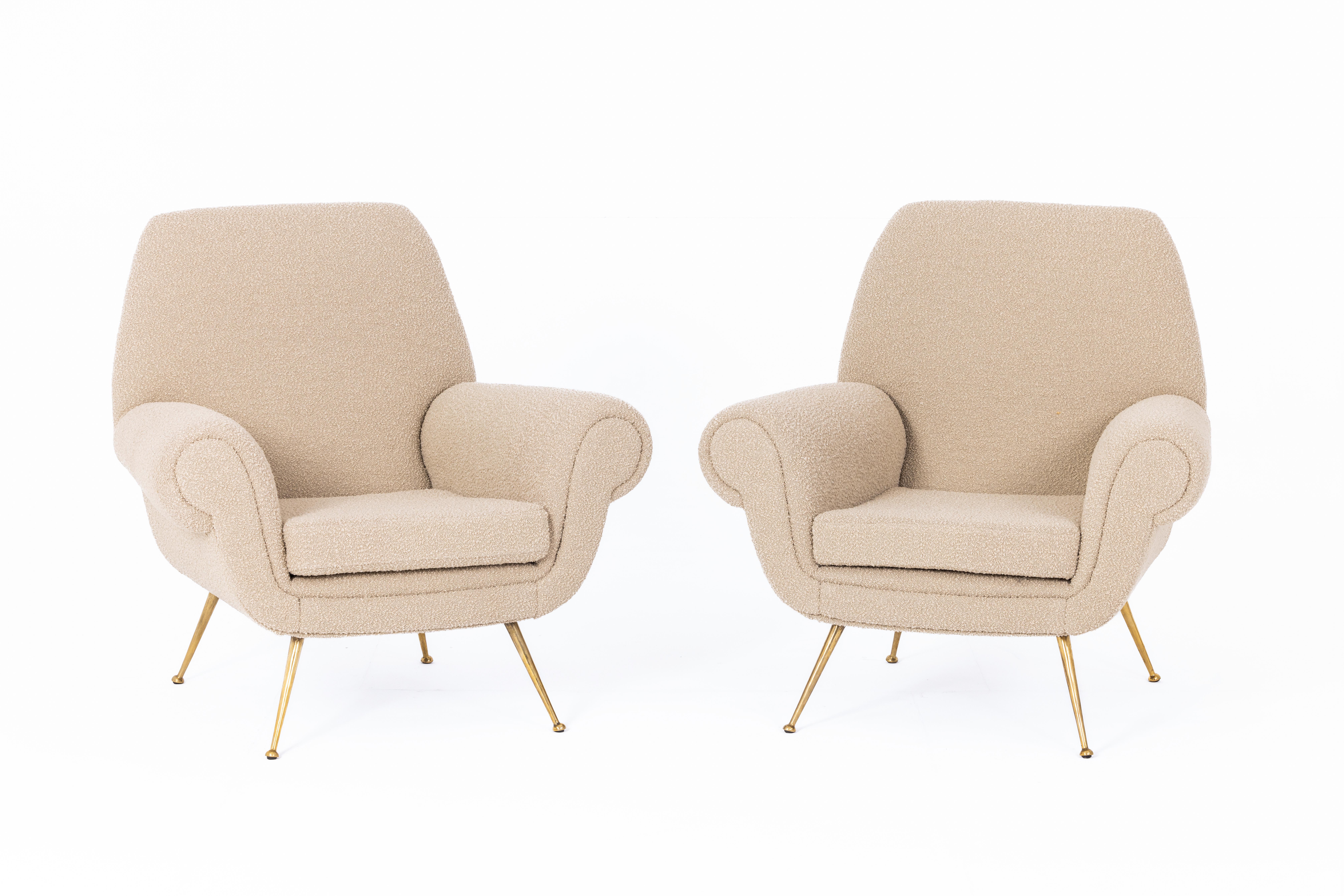 Mid-Century Modern Pair of armchairs by Gigi Radice, Italy 1950s, fabric Bisson Bruneel For Sale