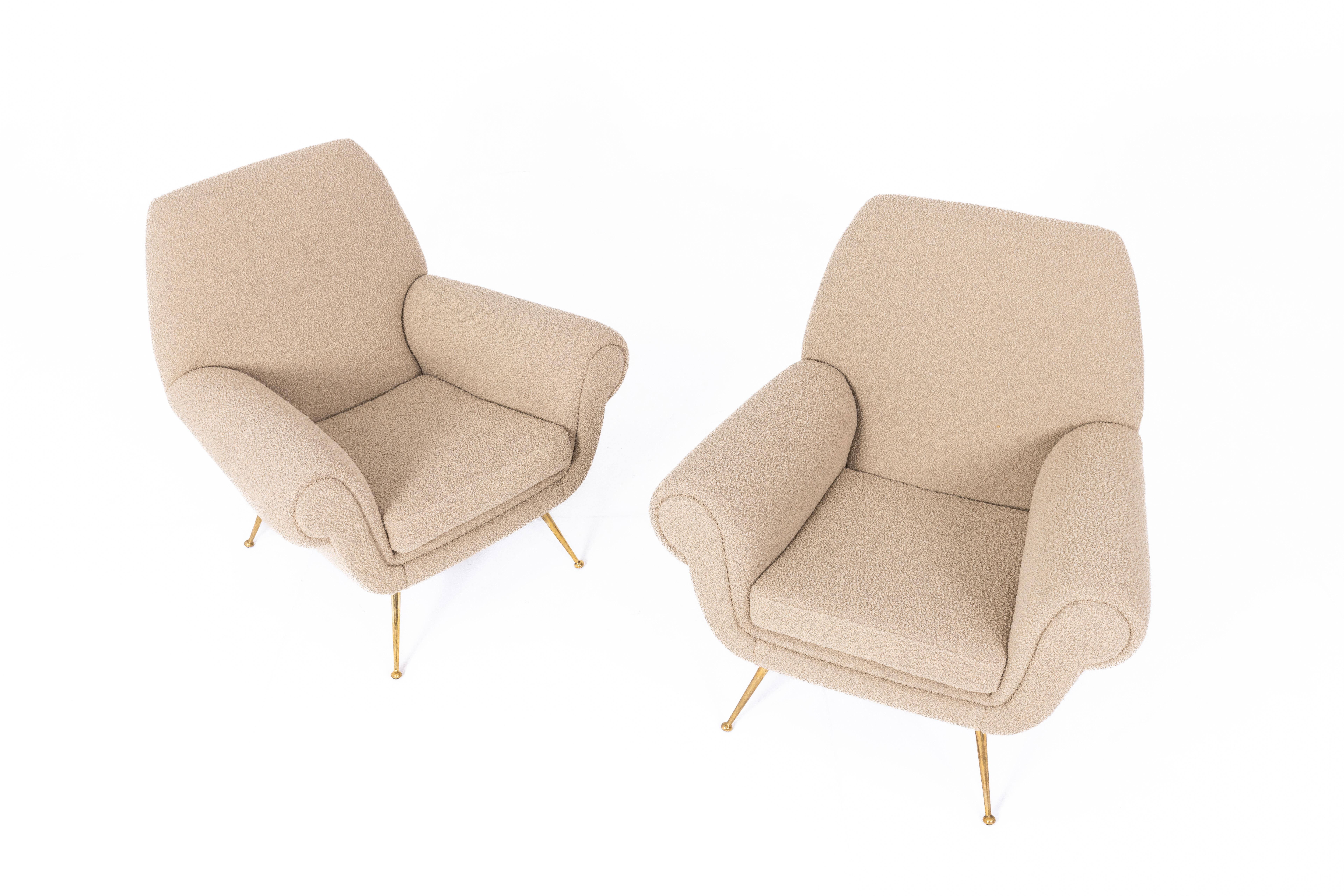 Italian Pair of armchairs by Gigi Radice, Italy 1950s, fabric Bisson Bruneel For Sale