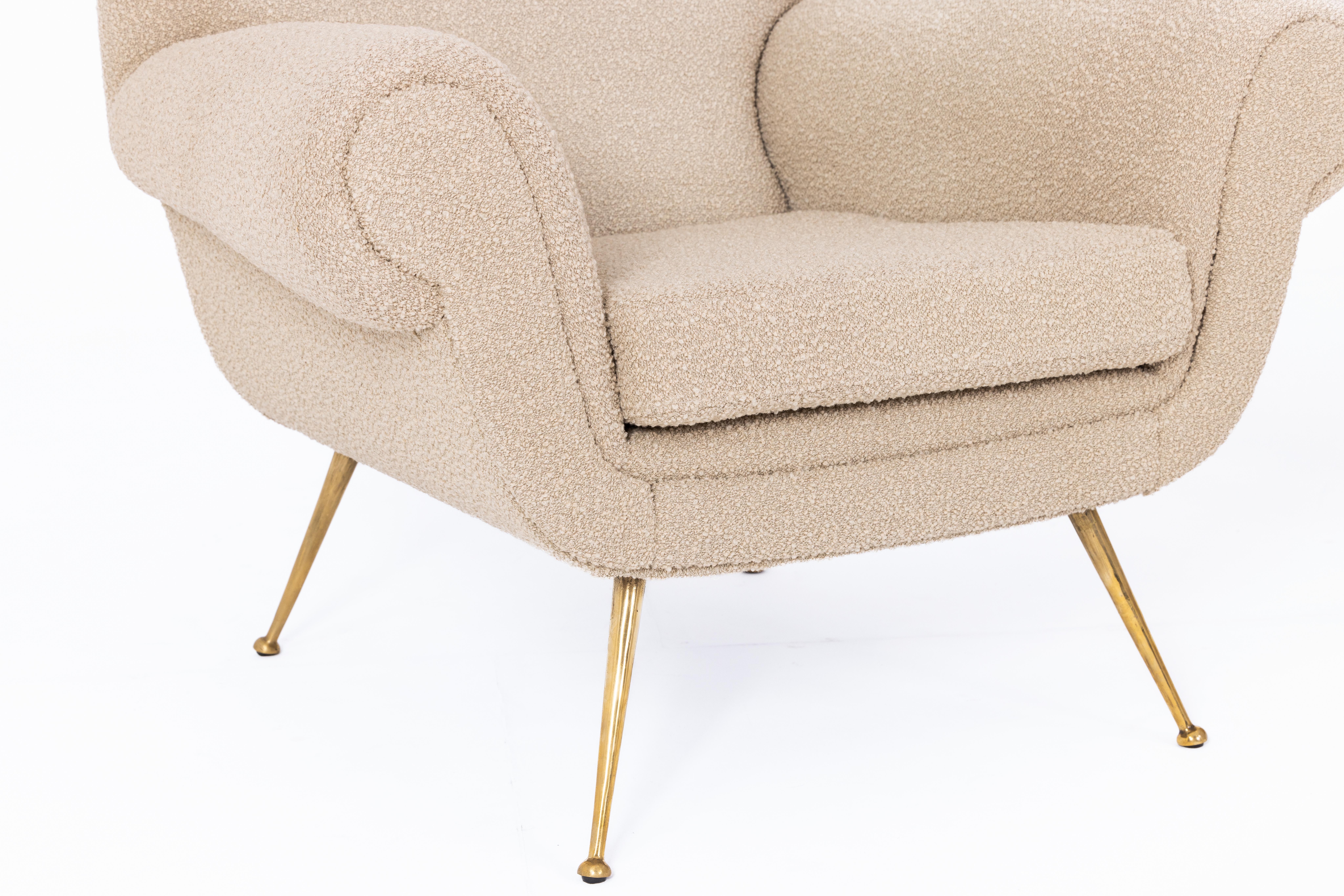 Brass Pair of armchairs by Gigi Radice, Italy 1950s, fabric Bisson Bruneel For Sale