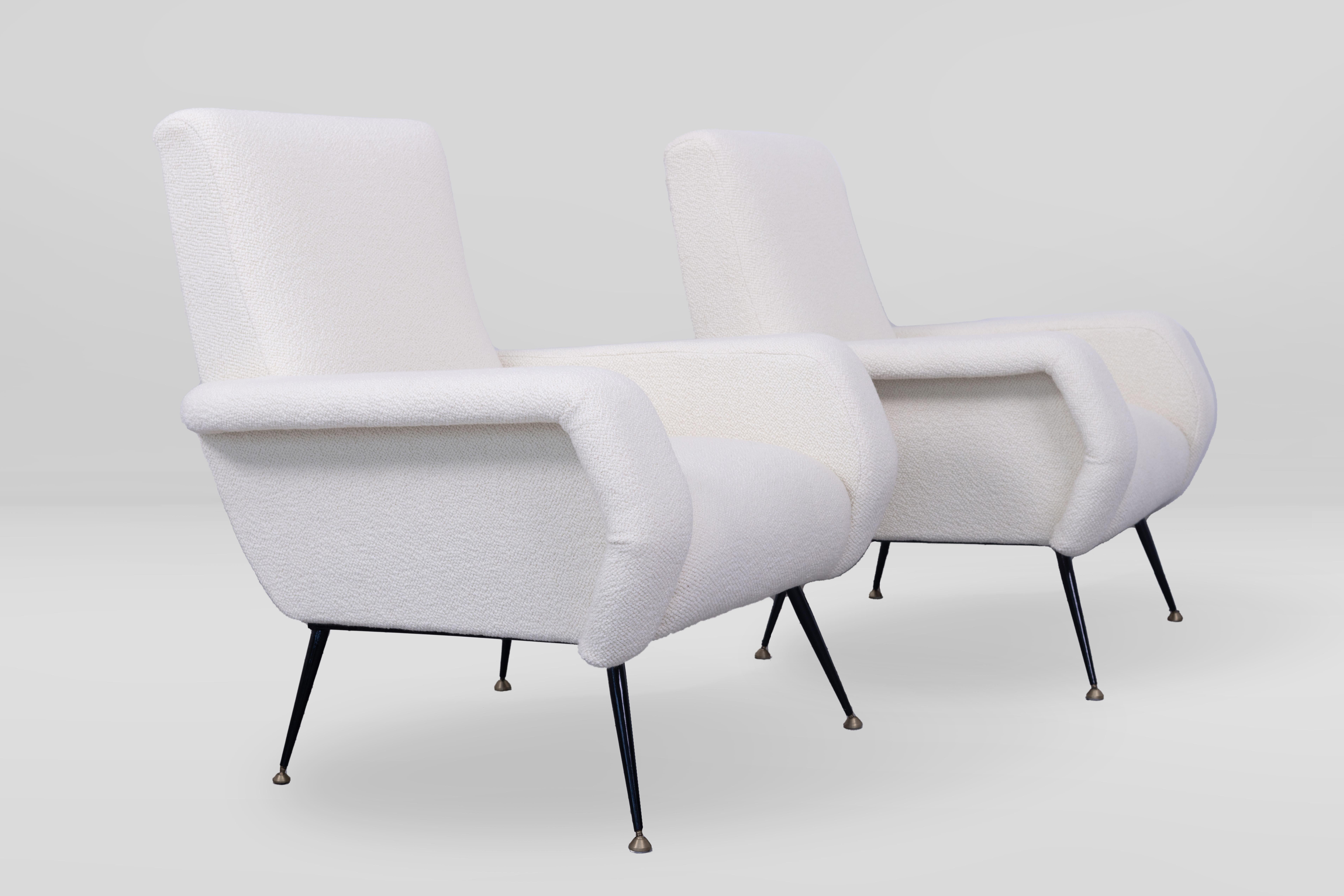 Italian Pair of Armchairs by Gigi Radice, Italy 1950s, Upholstered in Ivory Boucle’