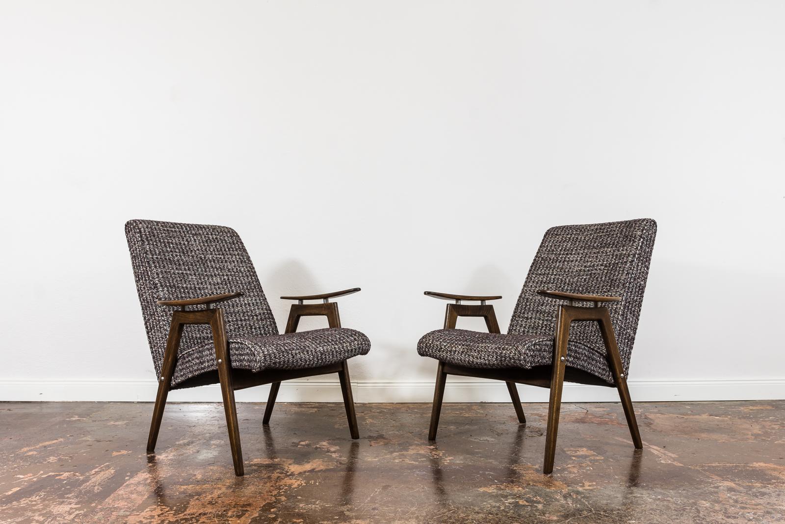 Pair of armchairs designed by Jaroslav Šmídek for Jitona, Czechoslovakia, 1960's.
Reupholstered chairs in gray, brown, beige colours mix.
Wood frames have been completely restored and refinished