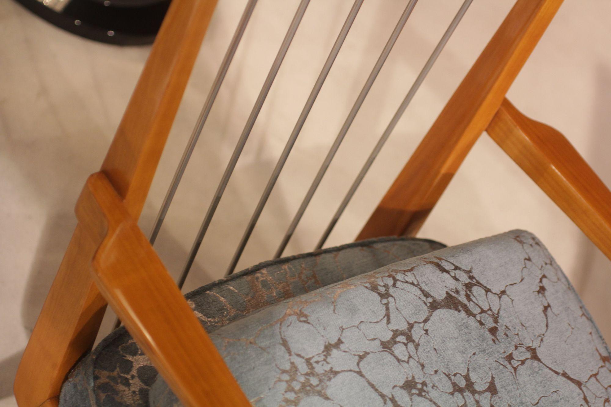Pair of Lounge Chairs by Knoll, Cherry Wood, Blue-Silver Fabric, Germany, 1950s For Sale 2