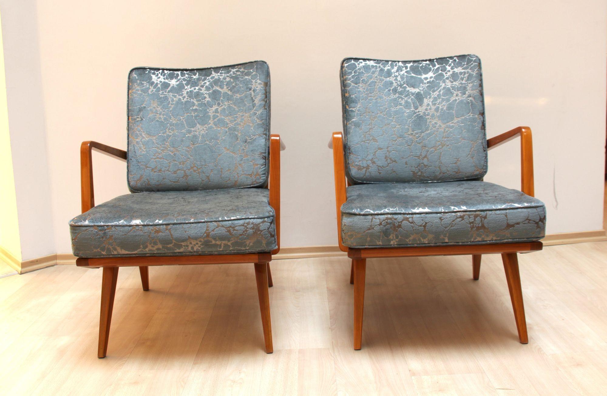 Pair of Lounge Chairs by Knoll, Cherry Wood, Blue-Silver Fabric, Germany, 1950s For Sale 3