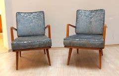 Coppia di sedie da salotto di Knoll, legno di ciliegio, tessuto blu-argento, Germania, anni '50