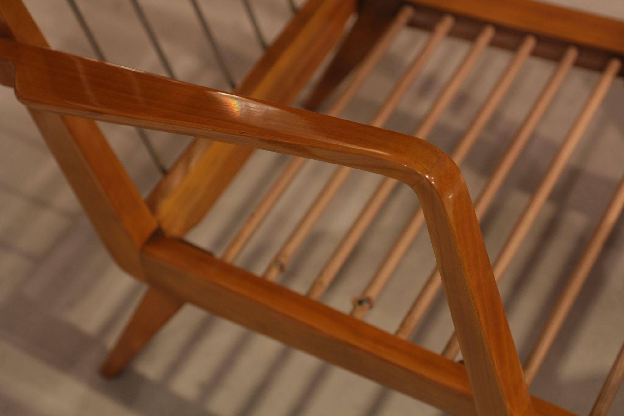 Steel Pair of Lounge Chairs by Knoll, Cherry Wood, Blue-Silver Fabric, Germany, 1950s For Sale