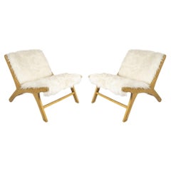 Pair of Armchairs by Olivier Schrijver in White Synthetic Fur and Natural Wood.