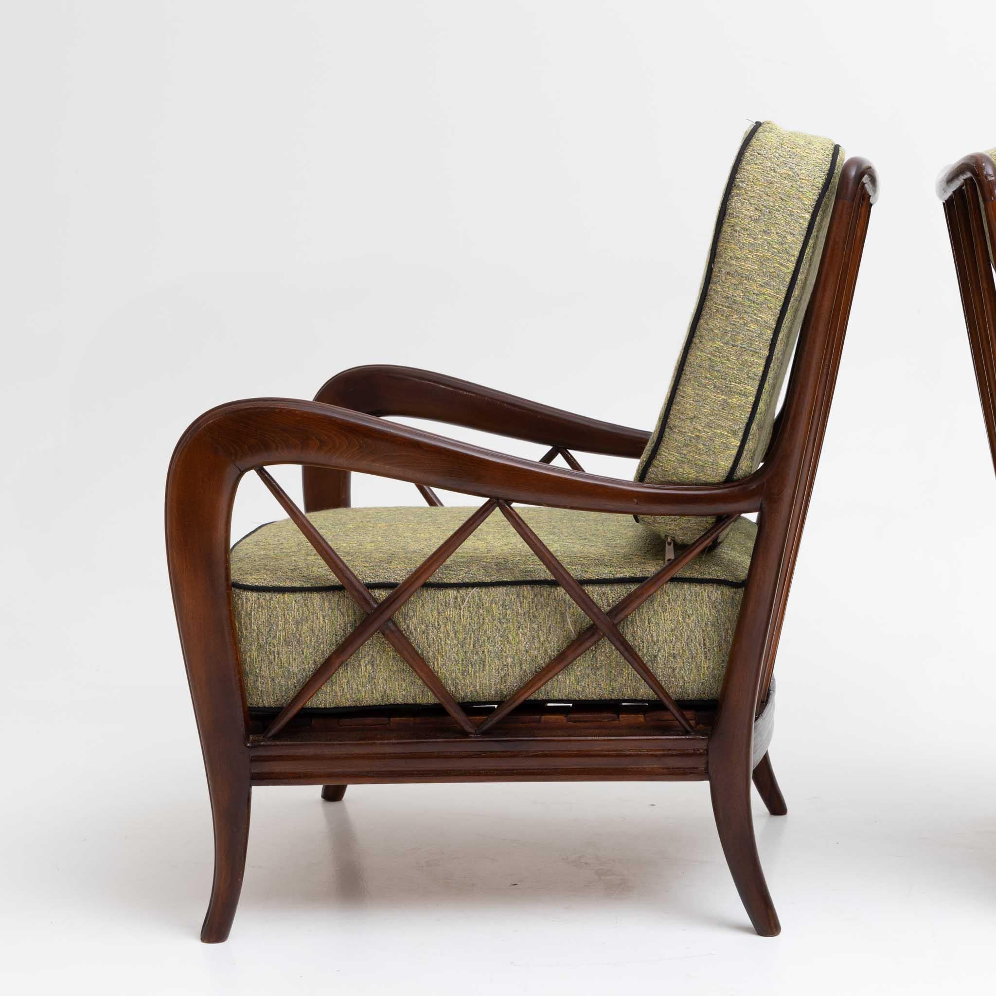 Wood Pair of green Armchairs by Paolo Buffa, polished and reupholstered, Italy, 1940s