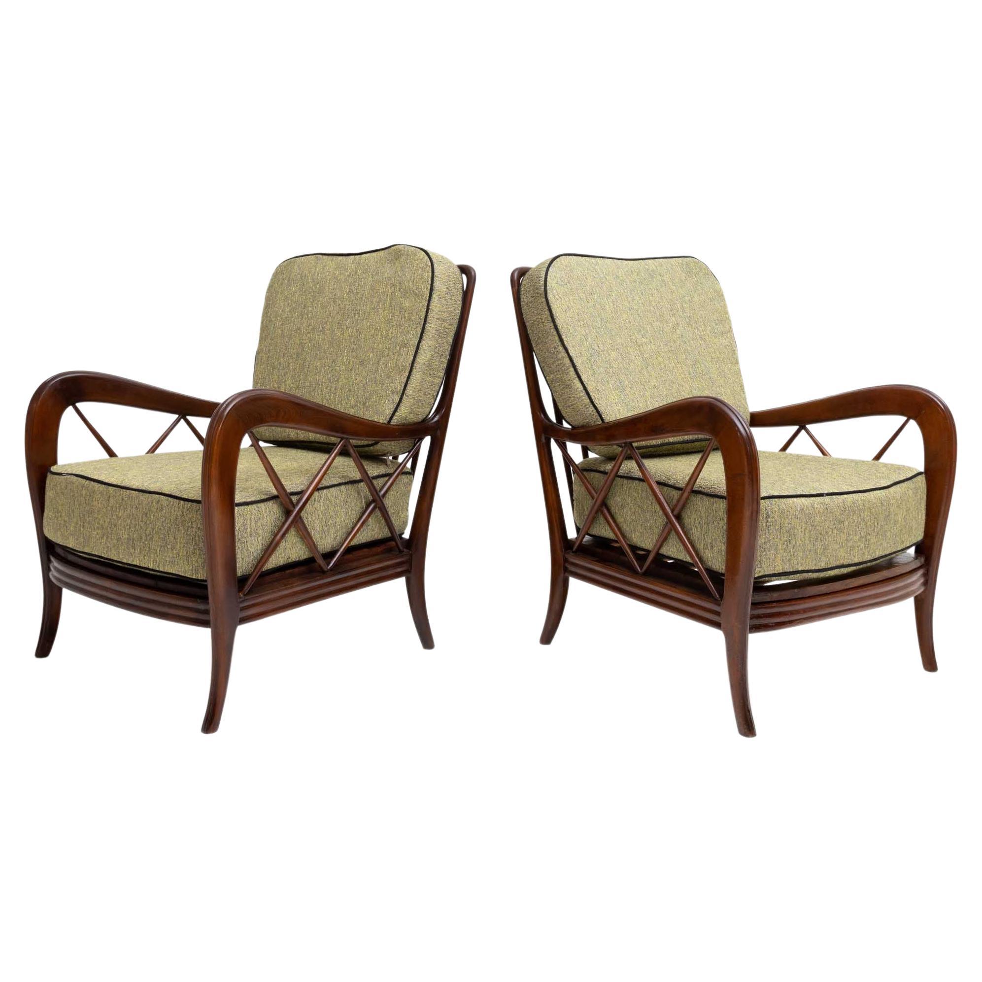 Pair of green Armchairs by Paolo Buffa, polished and reupholstered, Italy, 1940s