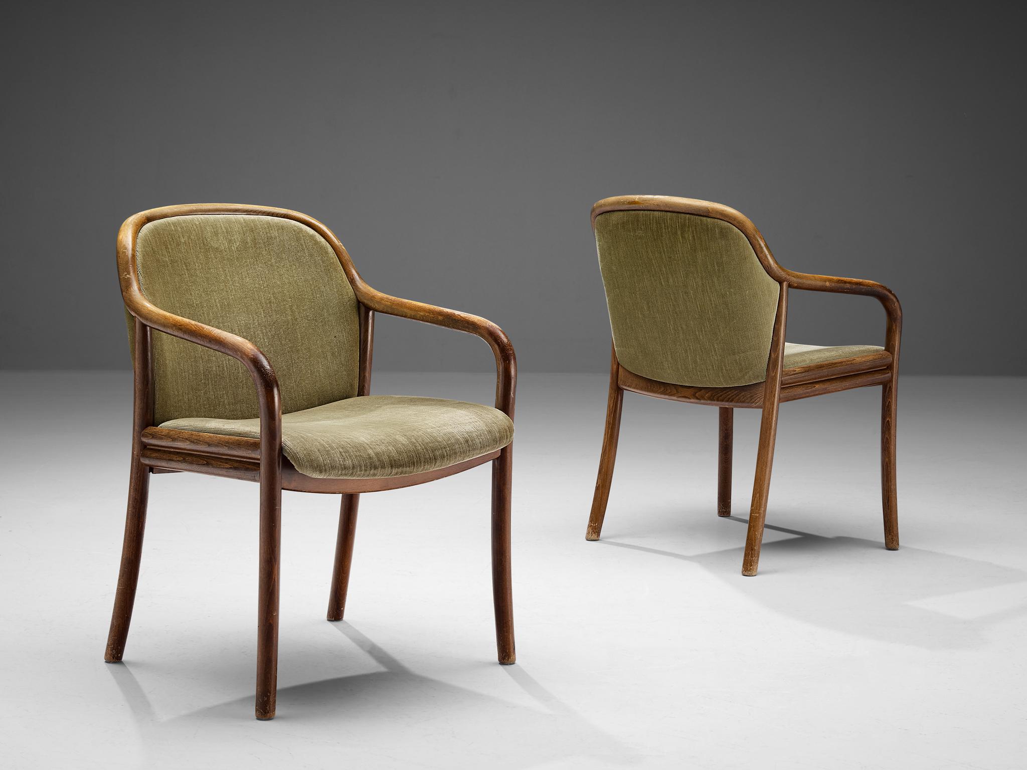 Ton, armchairs, stained beech and leatherette, Czech Republic, 1960s.

These elegant armchairs, manufactured by Ton, feature a wonderful bentwood frame. Simplistic design and a more modest model of Ton and Thonet. The seat and backrest are