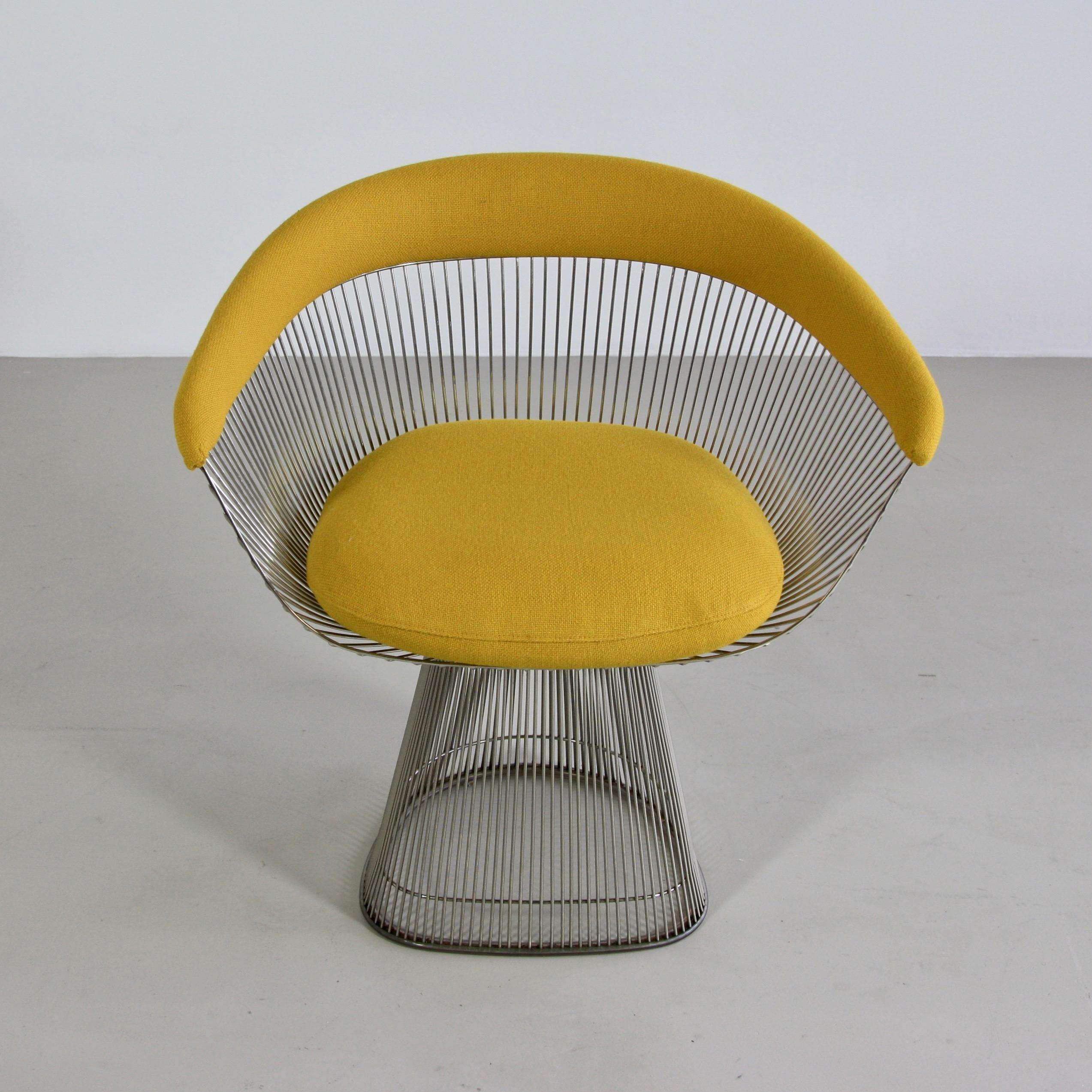 Set of 2 armchairs designed by Warren Platner. U.S.A., Knoll International, 1966.

Wonderful vintage set of four chairs in polished nickel, newly upholstered in yellow Kvadrat material. A set dating from the 1980s. Perfect!

Literature: Fiell,