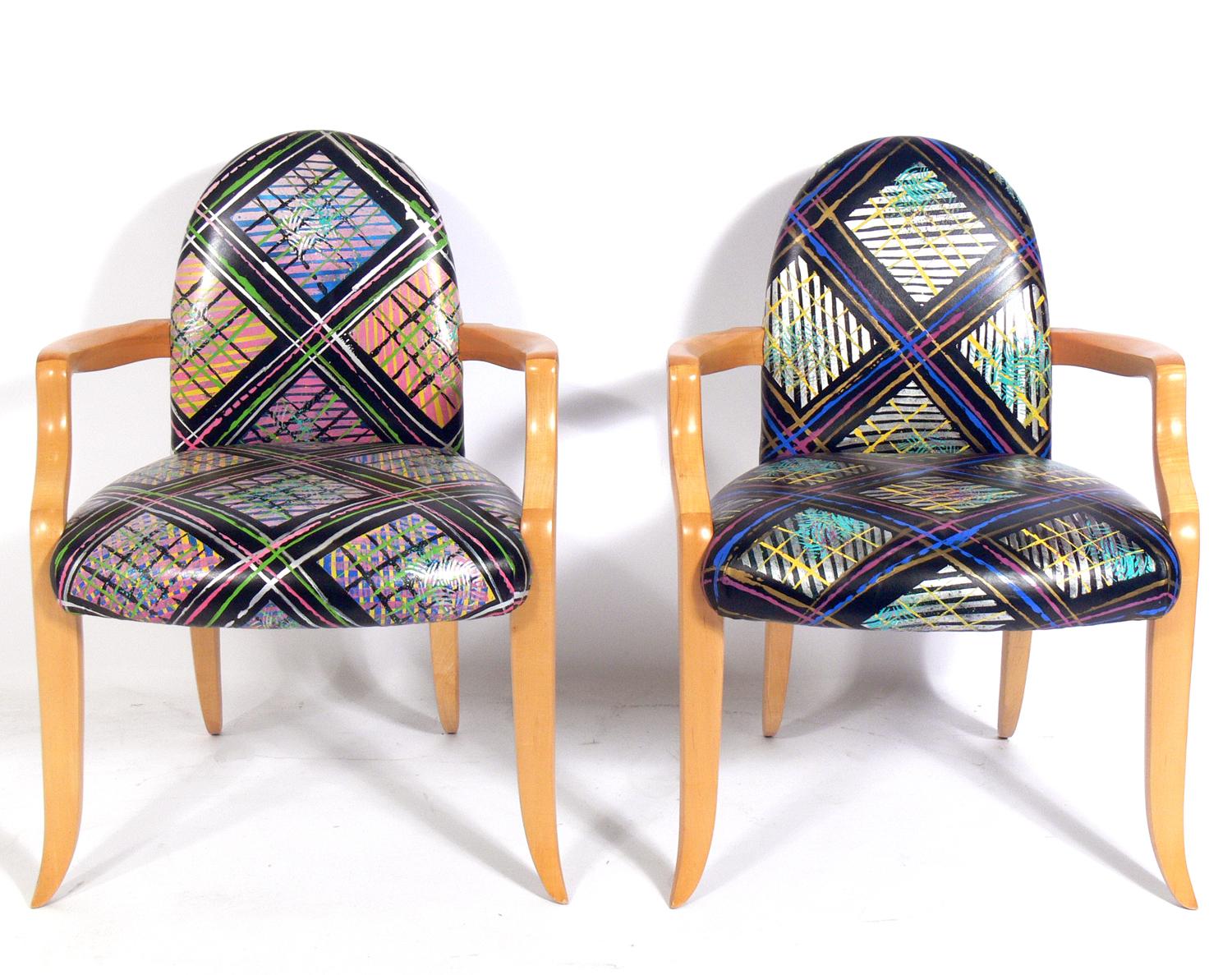Pair of armchairs, designed by Wendell Castle for Dennis Miller Associates, American, circa 1990s. These chairs retain their original hand-painted leather upholstery.