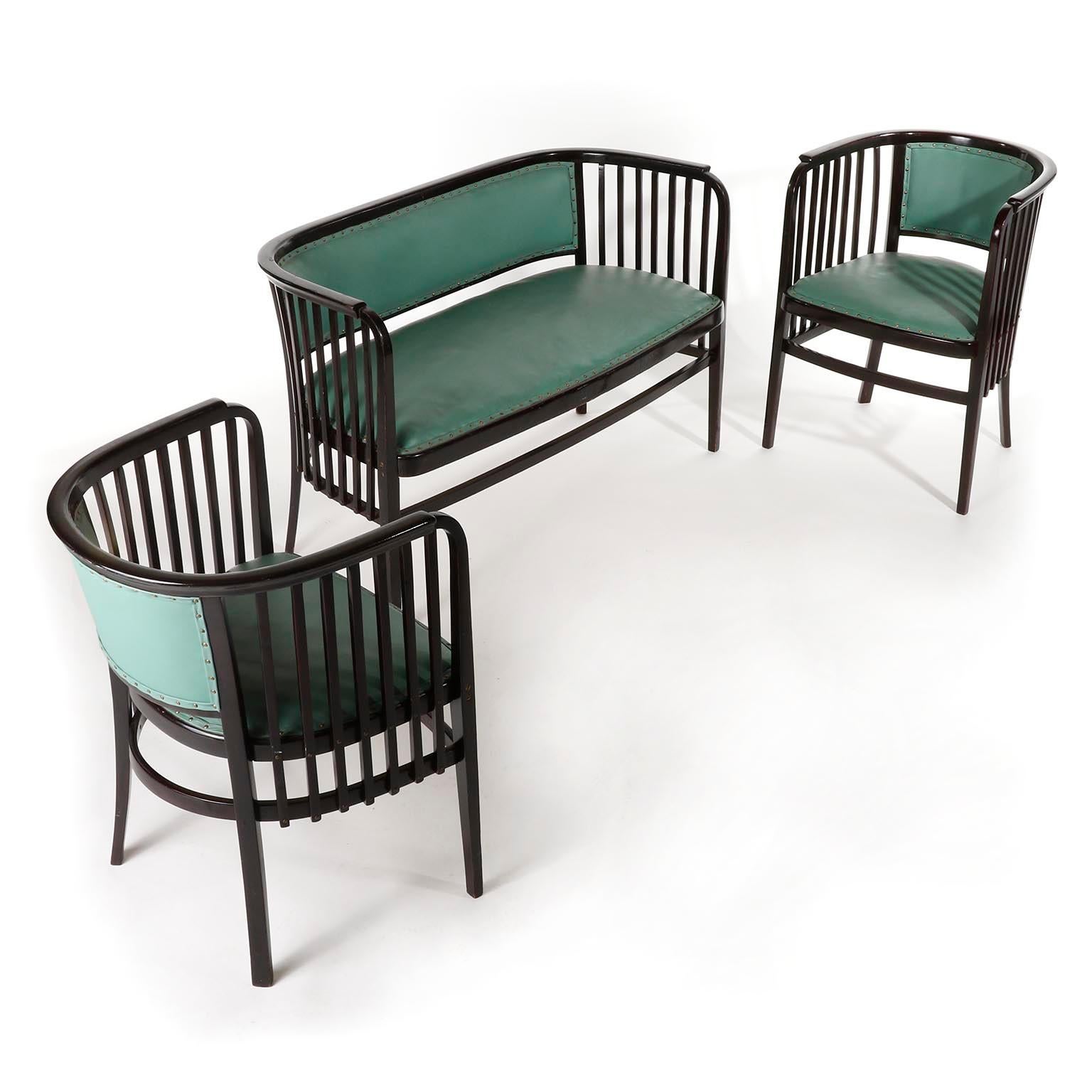 Beech Pair of Armchairs Chairs Marcel Kammerer, Thonet, Turquoise Green Leather, 1910 For Sale
