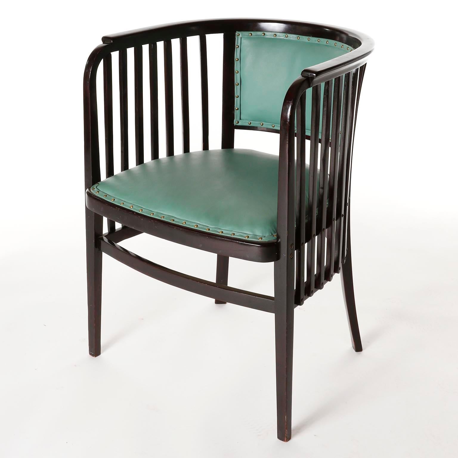 Jugendstil Paire de Fauteuils Chairs Marcel Kammerer, Thonet, Cuir Vert Turquoise, 1910 en vente
