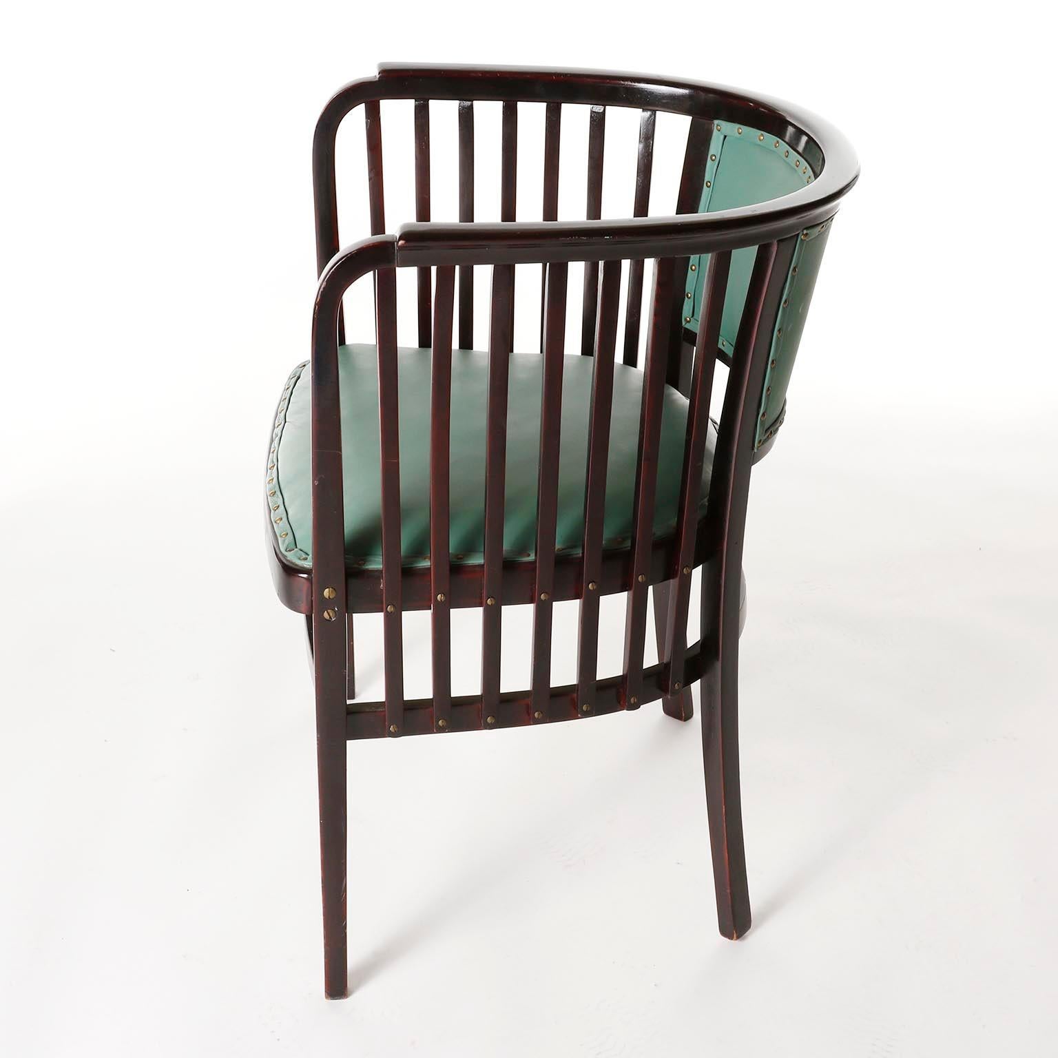 Autrichien Paire de Fauteuils Chairs Marcel Kammerer, Thonet, Cuir Vert Turquoise, 1910 en vente