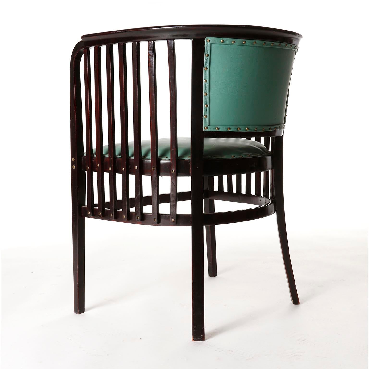 Tacheté Paire de Fauteuils Chairs Marcel Kammerer, Thonet, Cuir Vert Turquoise, 1910 en vente