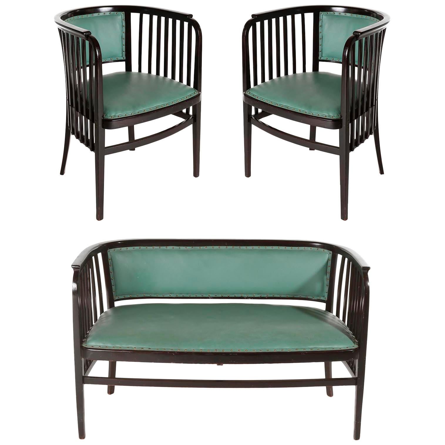 Stained Pair of Armchairs Chairs Marcel Kammerer, Thonet, Turquoise Green Leather, 1910 For Sale