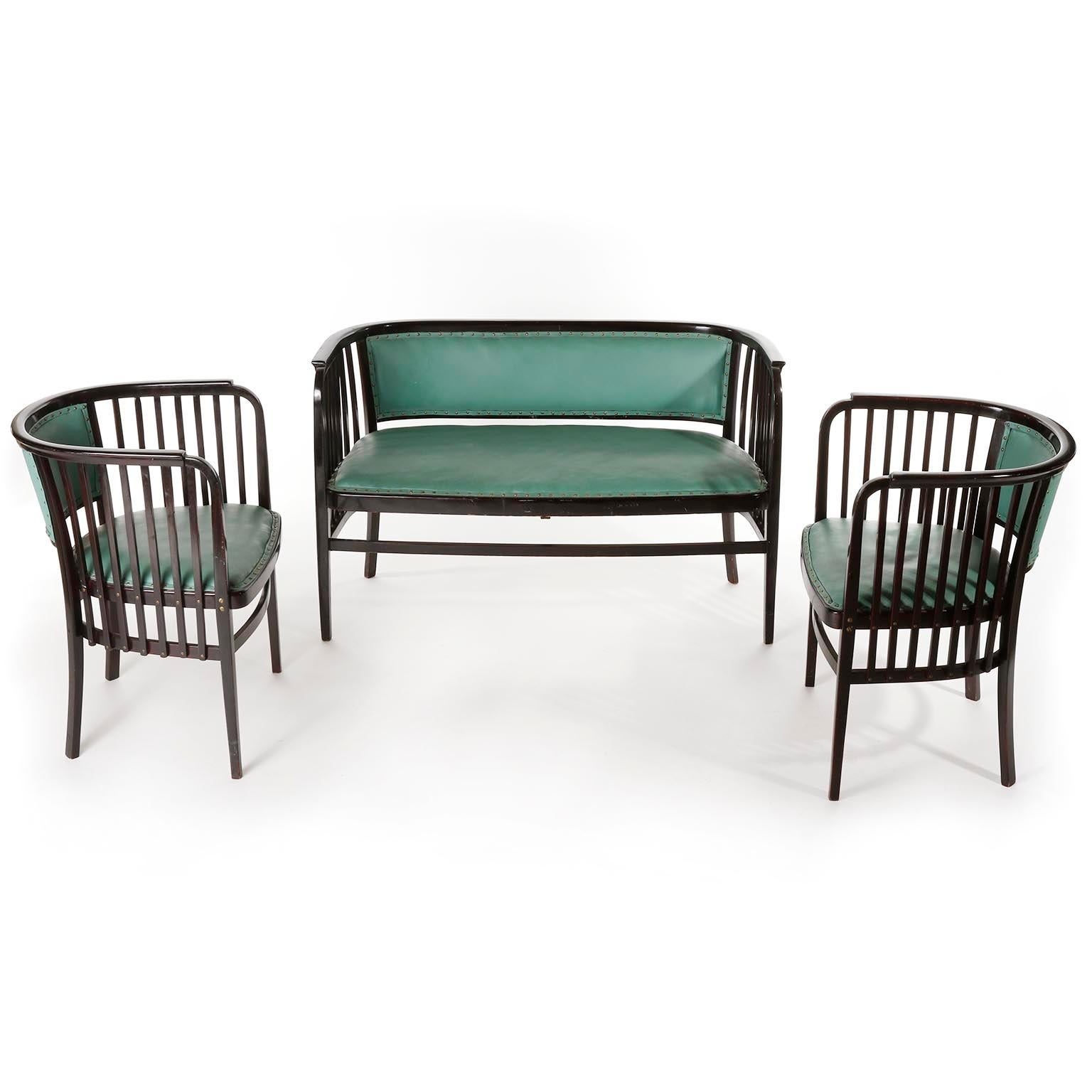 Hêtre Paire de Fauteuils Chairs Marcel Kammerer, Thonet, Cuir Vert Turquoise, 1910 en vente
