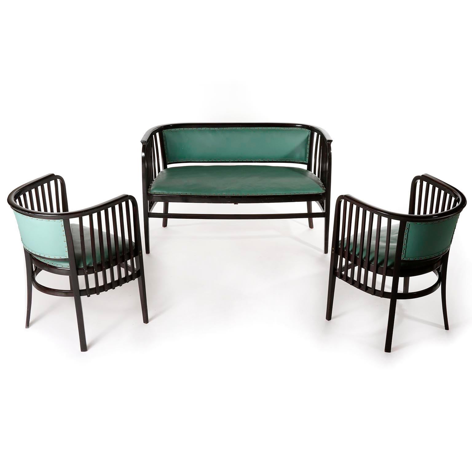 Early 20th Century Pair of Armchairs Chairs Marcel Kammerer, Thonet, Turquoise Green Leather, 1910 For Sale