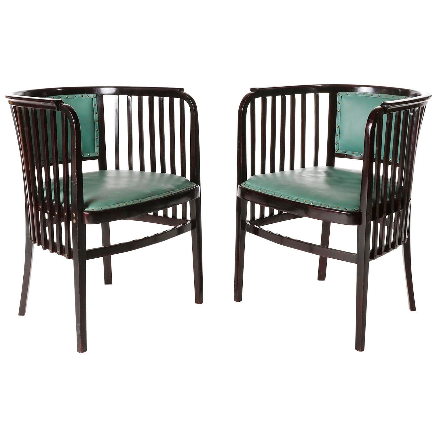 Paire de Fauteuils Chairs Marcel Kammerer, Thonet, Cuir Vert Turquoise, 1910 en vente