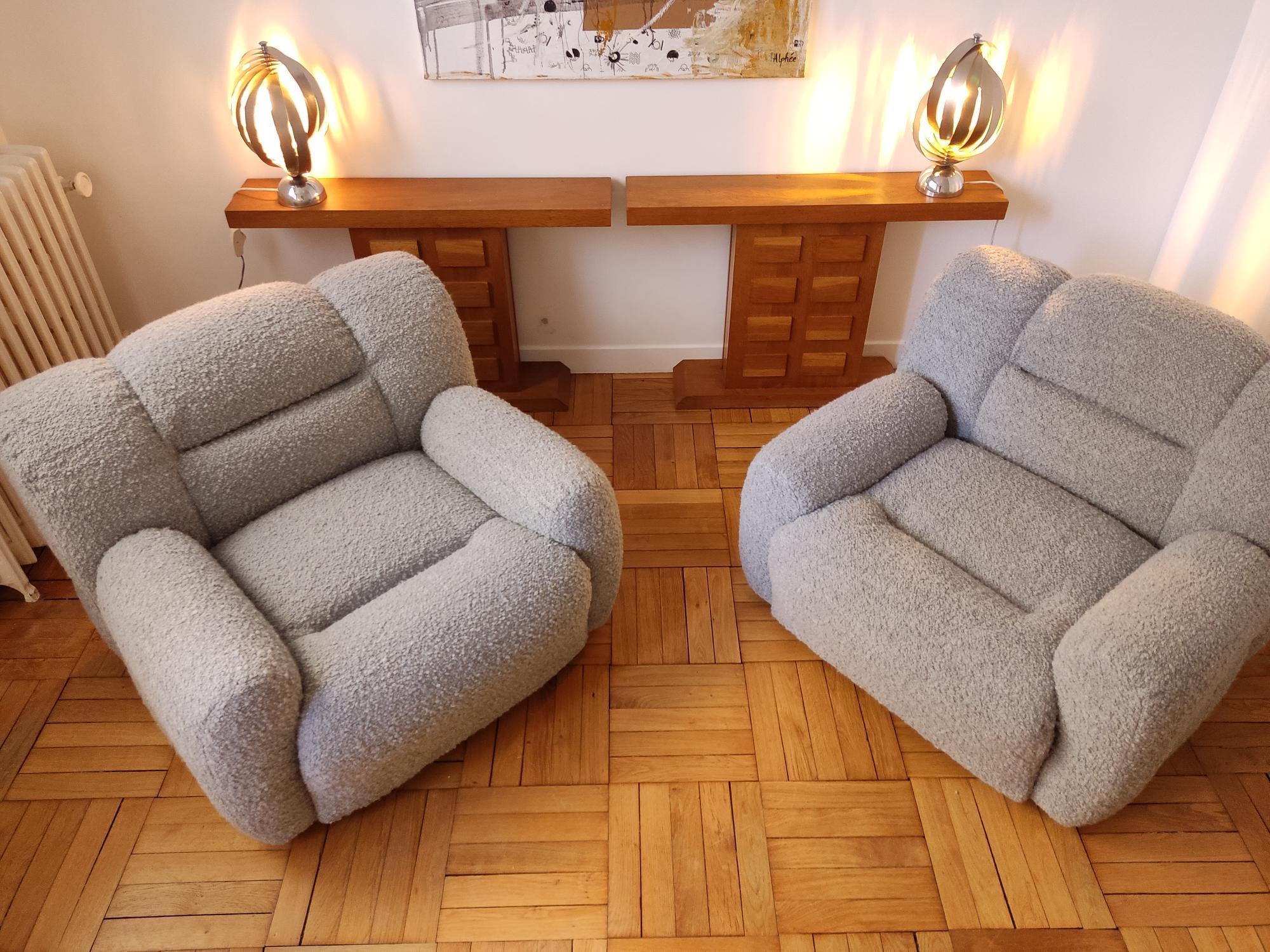 Pair of armchairs chrome & bouclé - Italy 70s  For Sale 4