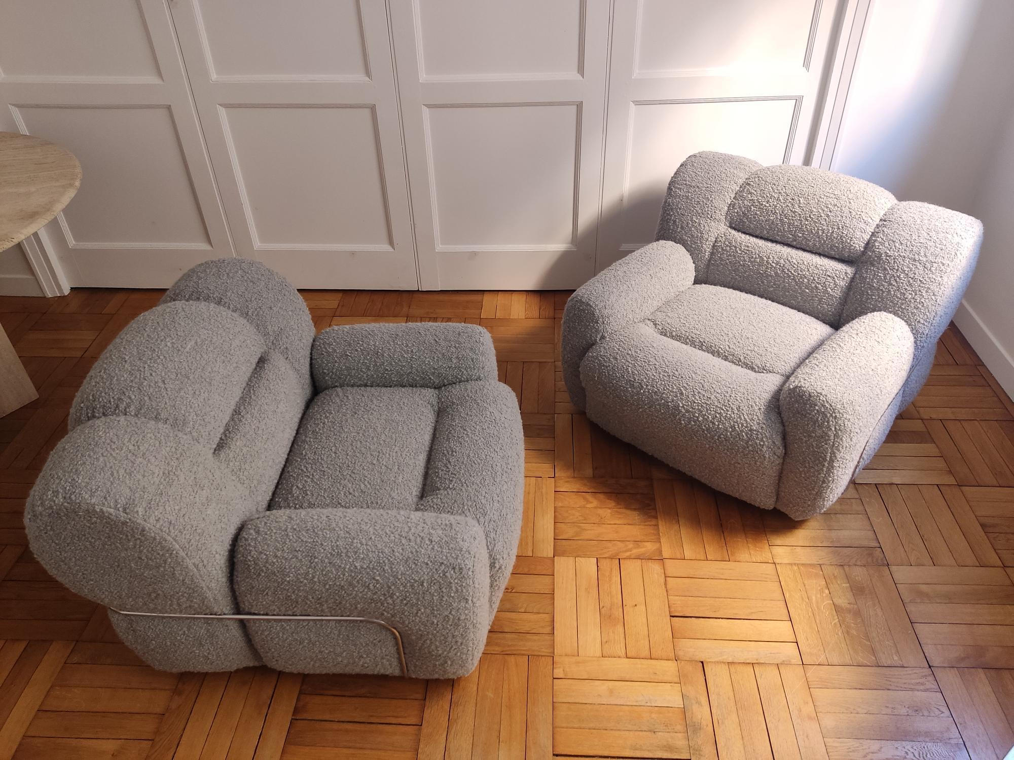 Space Age Pair of armchairs chrome & bouclé - Italy 70s  For Sale