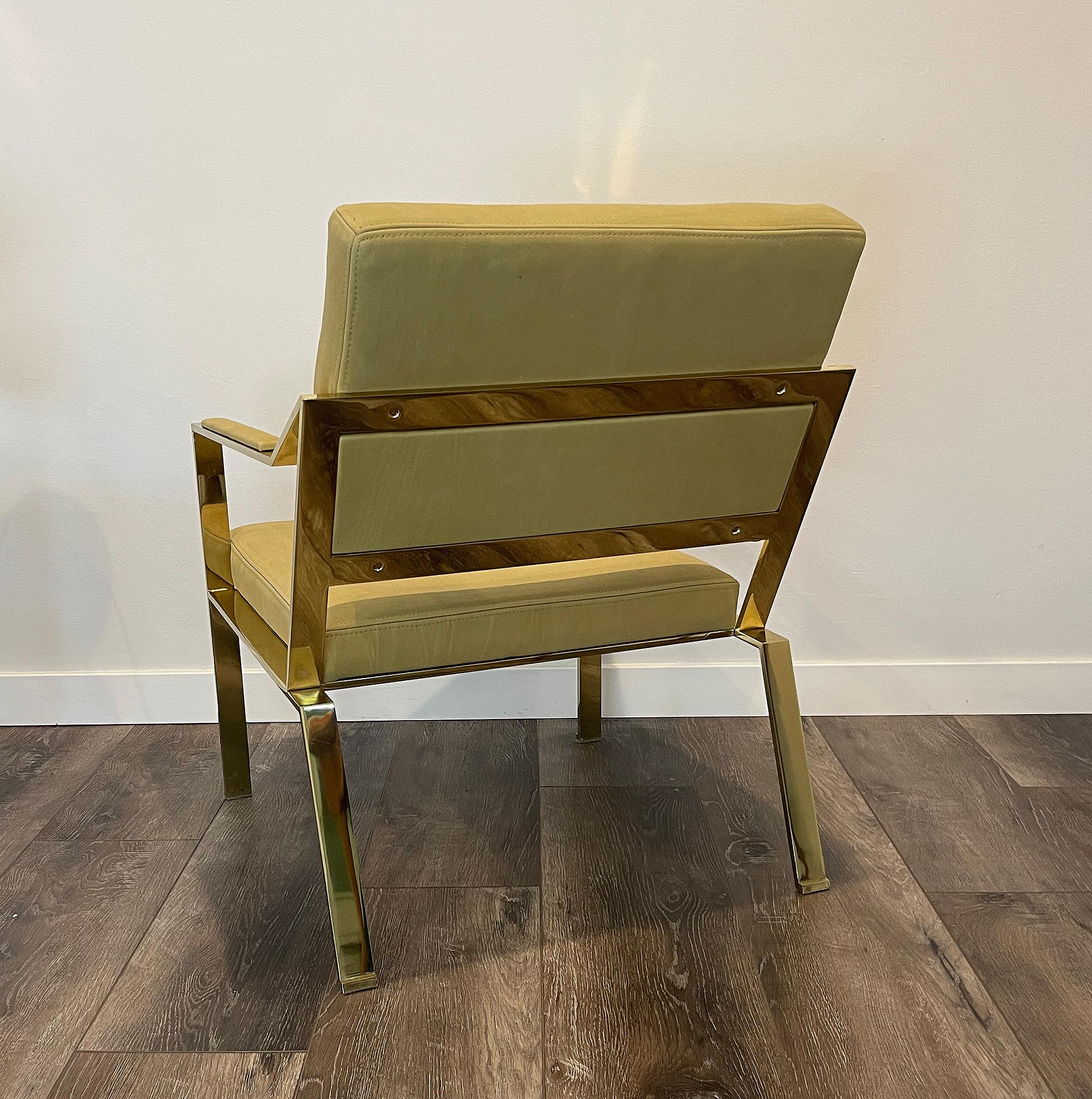 Very elegant pair of Gilt Iron chairs covered in light green leather. For Sale 7