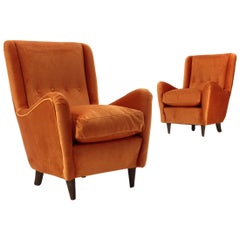 Pair of Armchairs Covered in Rust Velvet, 1950s