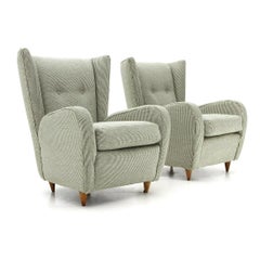 Pair of Armchairs Covered with White and Green Striped Fabric, 1950s