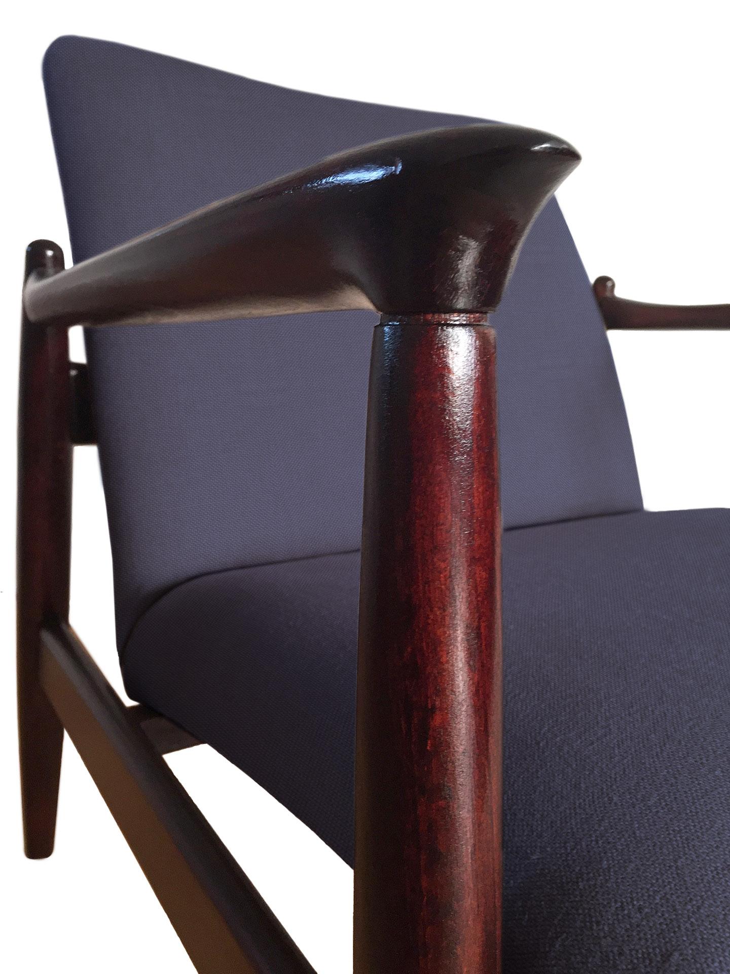 Polish Pair of Armchairs, Dark Blue Linen, Edmund Homa, 1960s For Sale