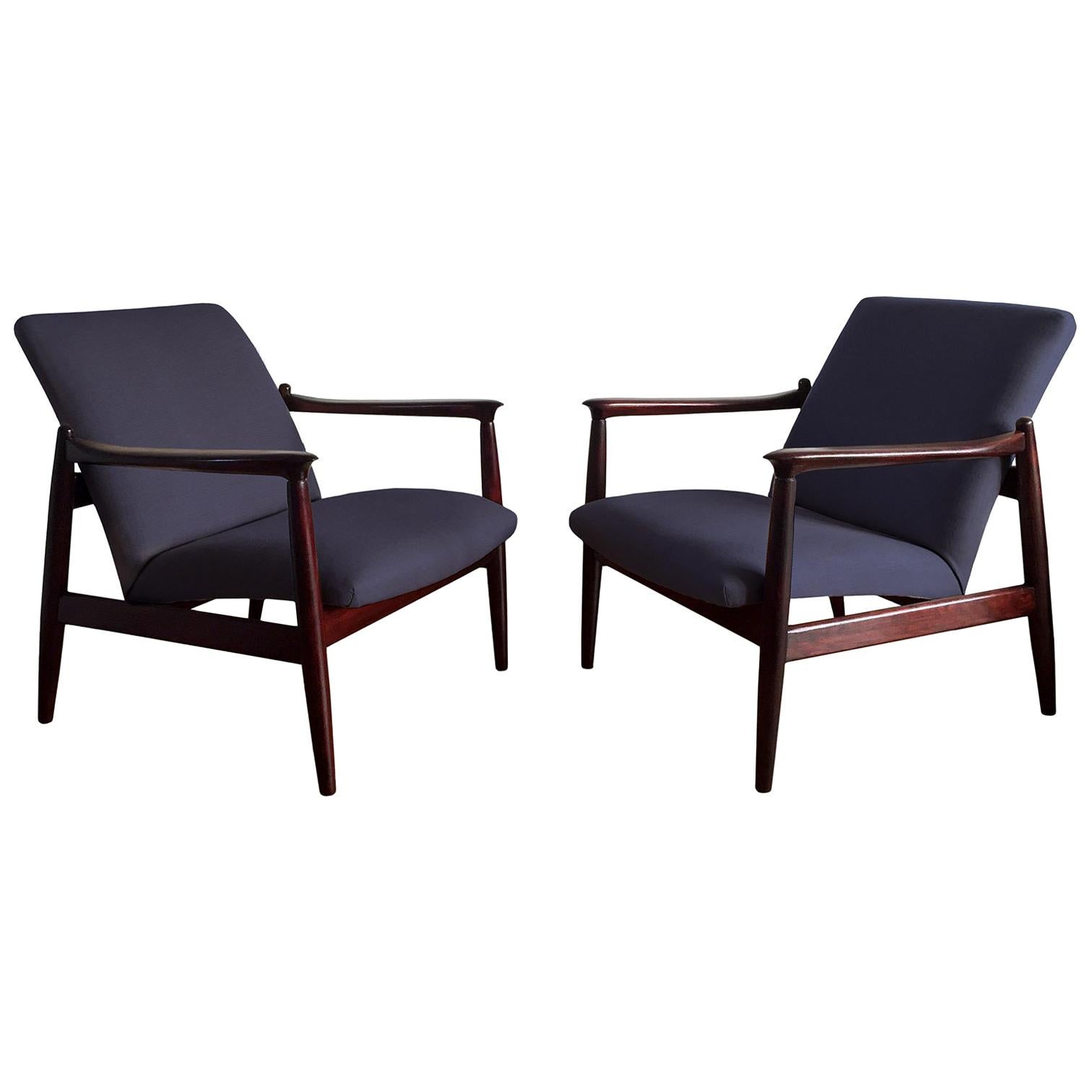 Pair of Armchairs, Dark Blue Linen, Edmund Homa, 1960s For Sale