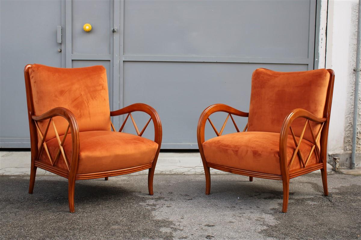 Pair of Armchairs Rust Orange Velvet Cherry Wood Italian Design Paolo Buffa style.