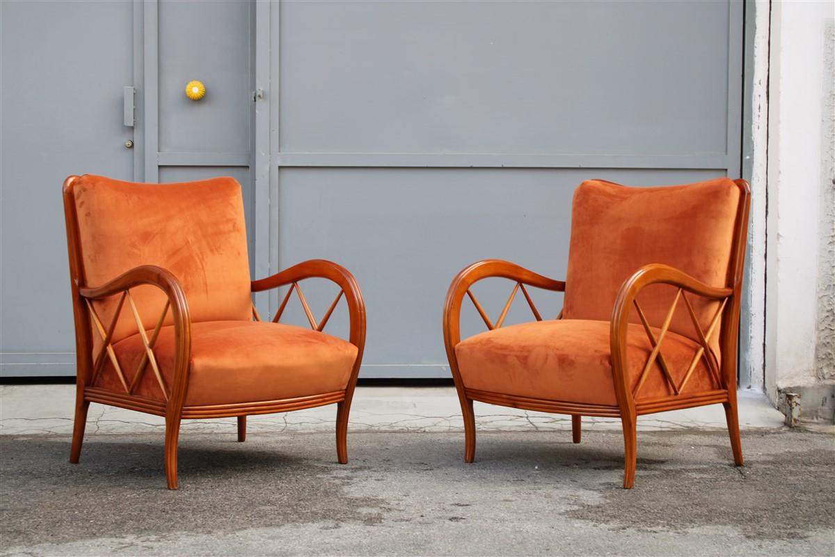 European Pair of Armchairs Rust Orange Velvet Cherry Italian Design Paolo Buffa Style