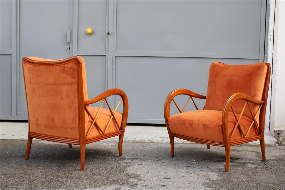 Pair of Armchairs Rust Orange Velvet Cherry Italian Design Paolo Buffa Style In Good Condition In Palermo, Sicily