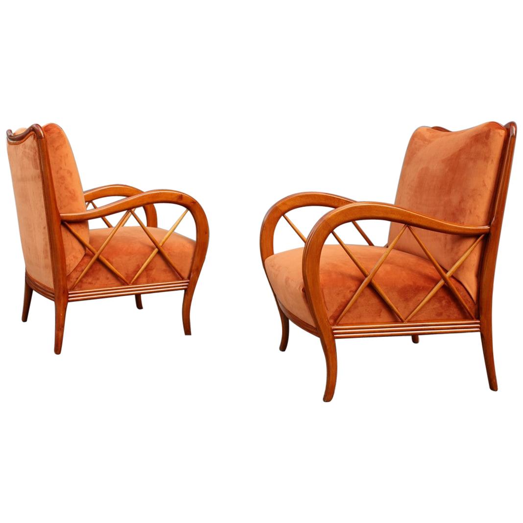 Pair of Armchairs Rust Orange Velvet Cherry Italian Design Paolo Buffa Style