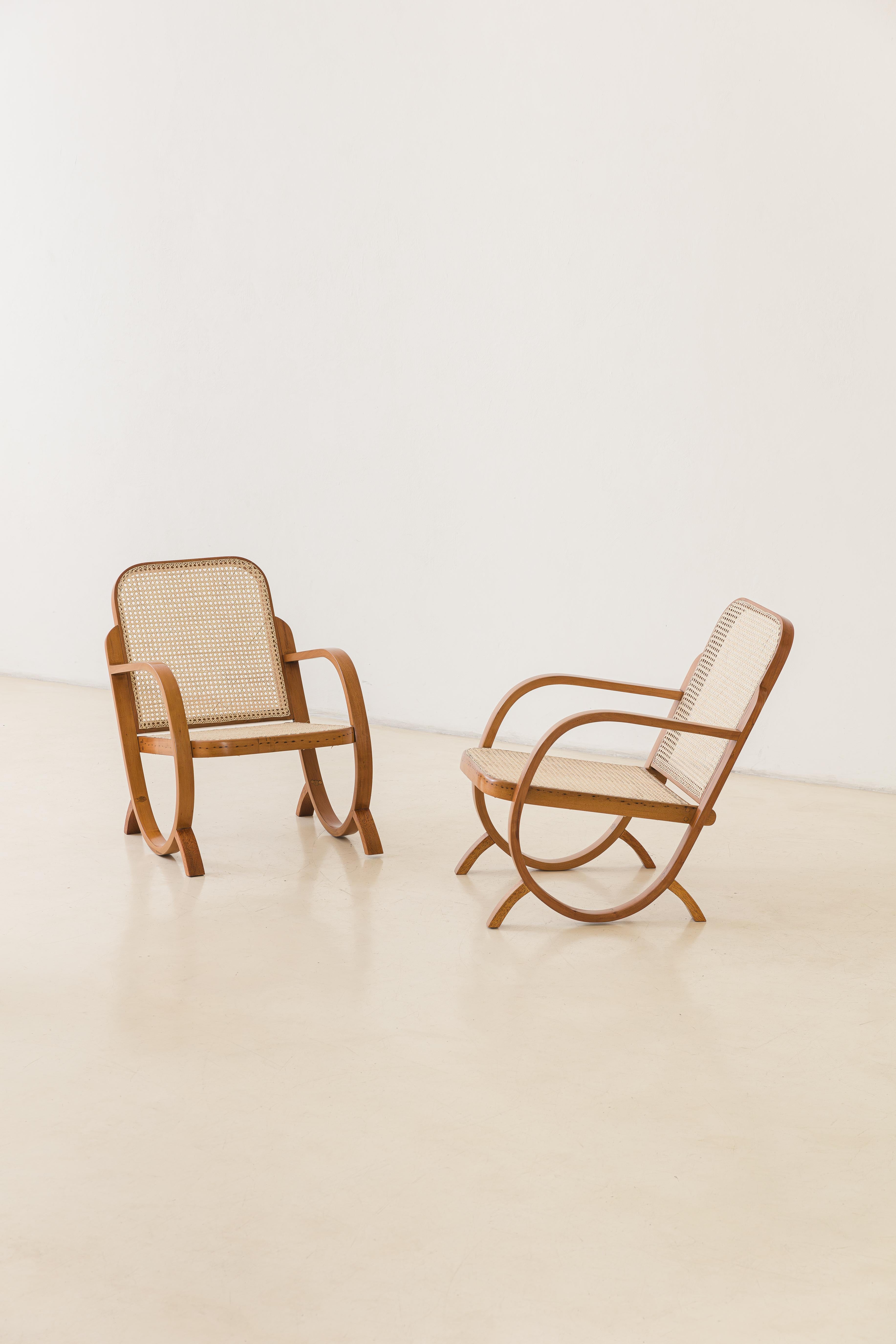 Mid-Century Modern Pair of Armchairs by Moveis Gerdau, Bentwood and Cane, 1930 For Sale