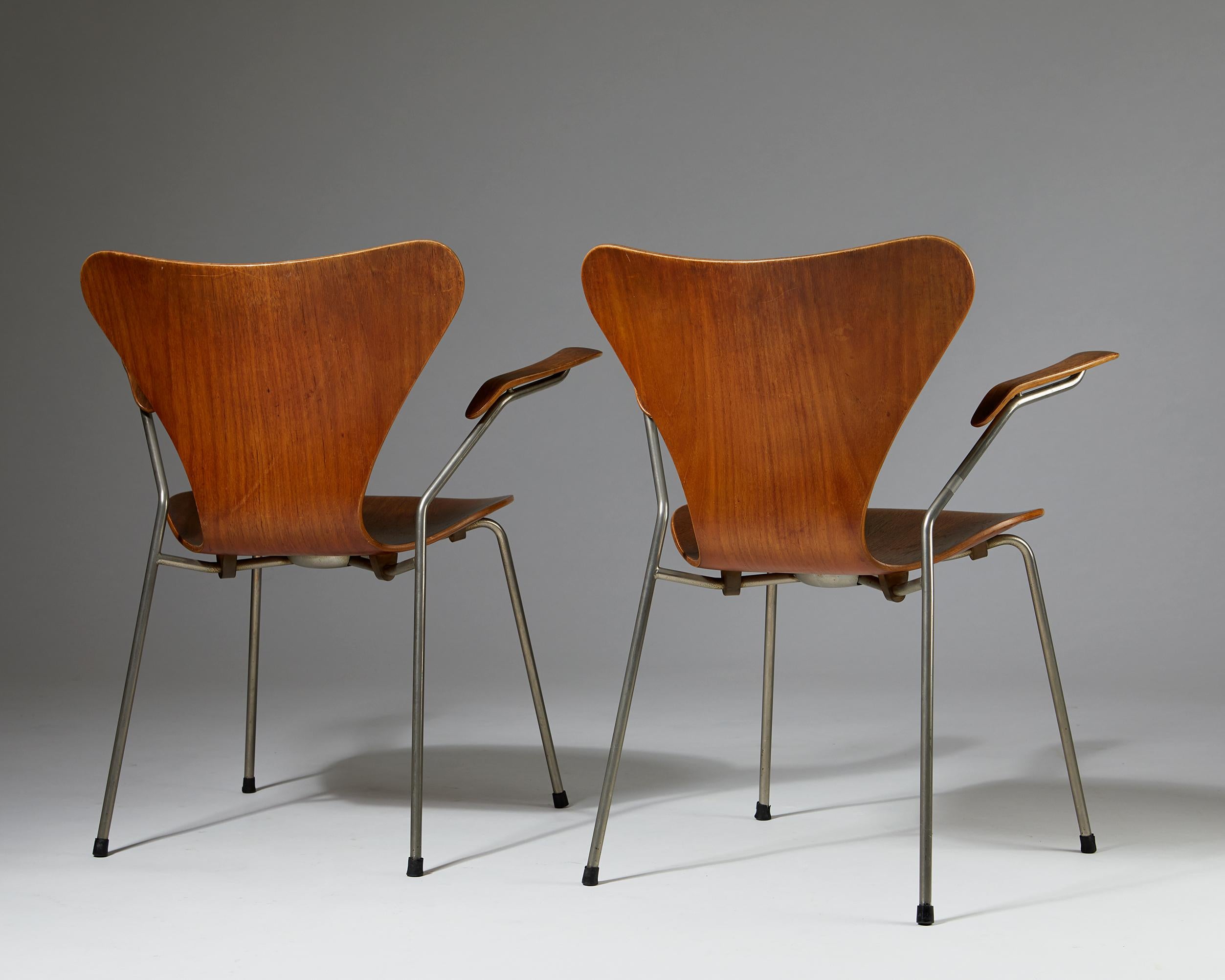 Teak Pair of Armchairs Designed by Arne Jacobsen for Fritz Hansen, Denmark. 1950's. 