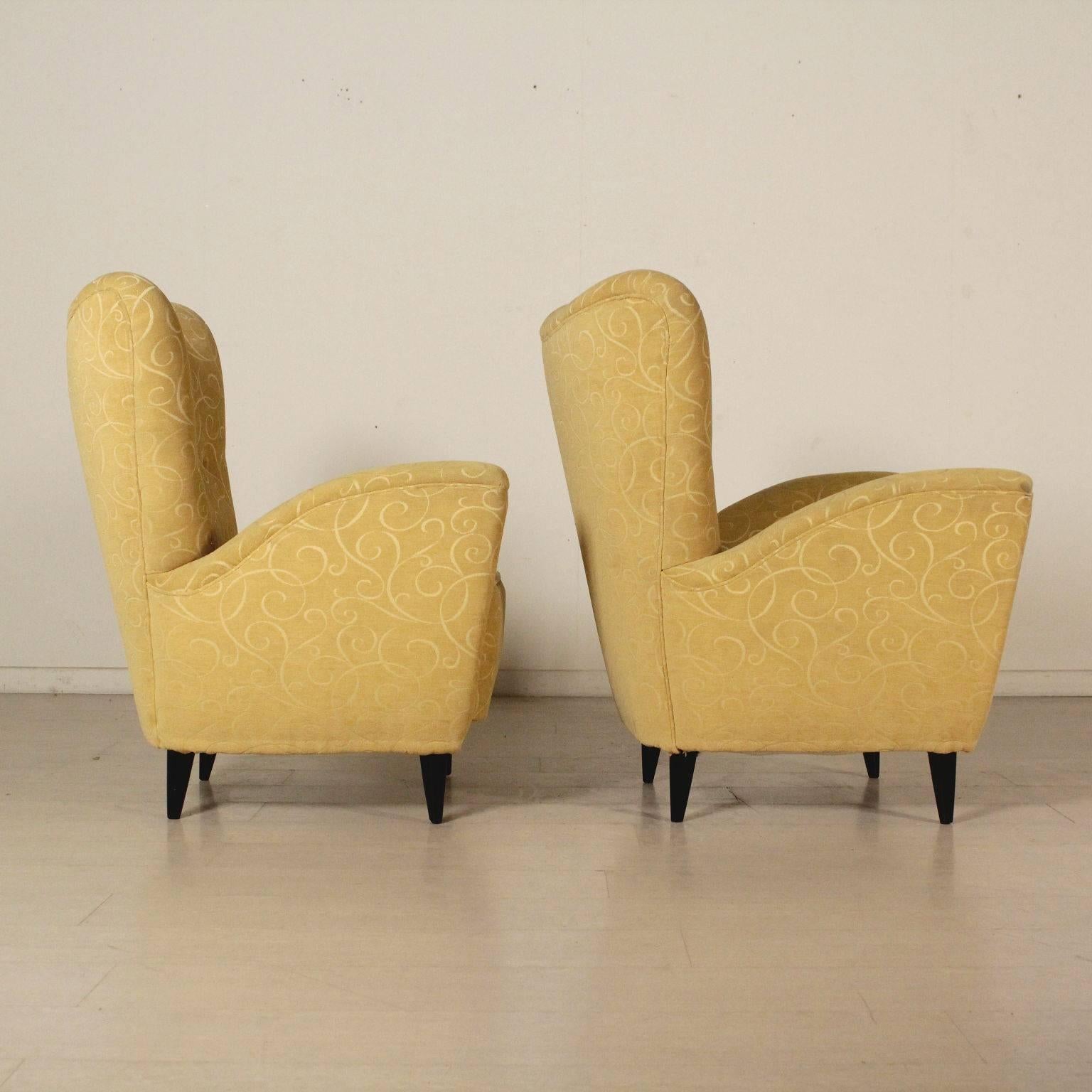 Pair of Armchairs Fabric Upholstery Stained Wood Vintage, Italy, 1950s 3