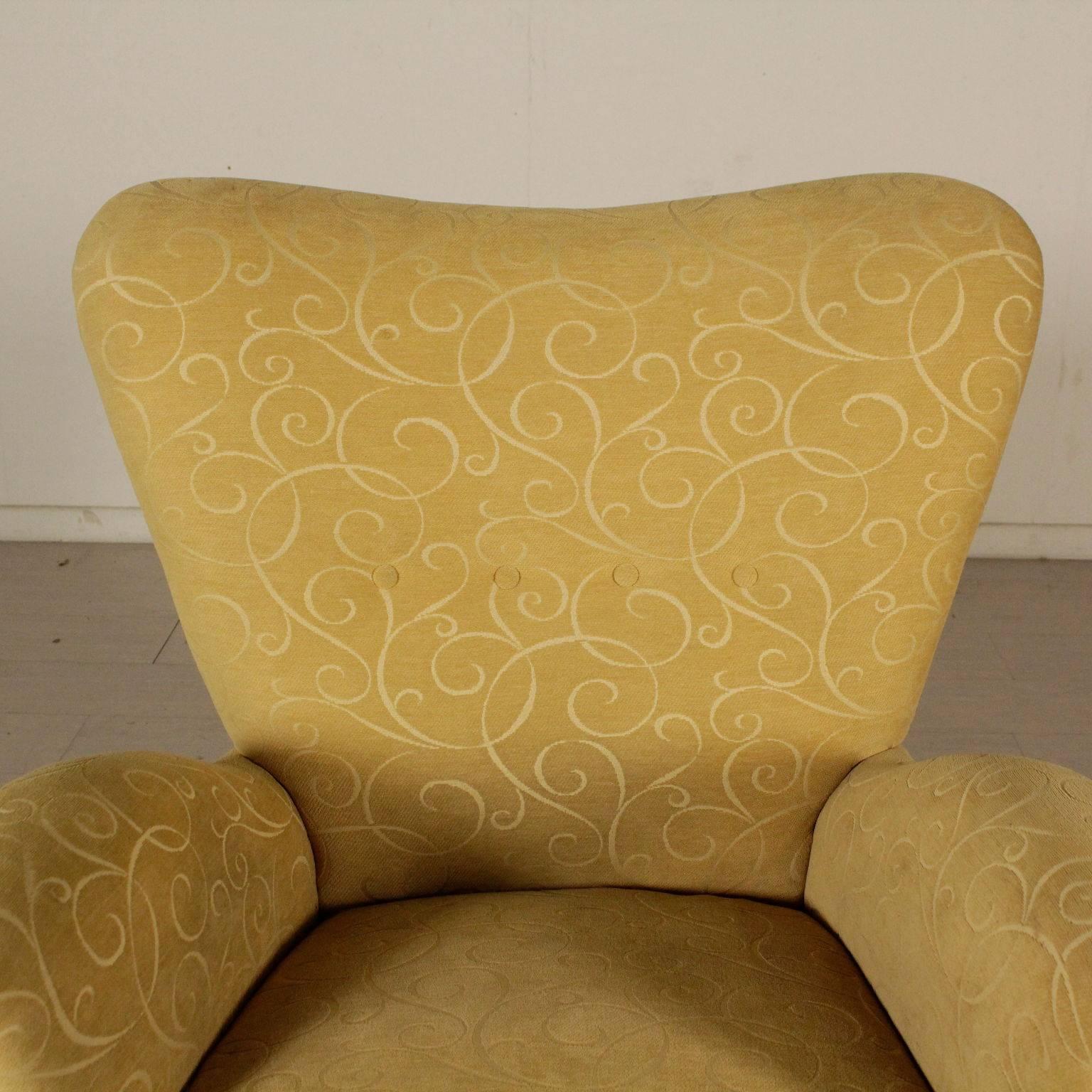 Mid-Century Modern Pair of Armchairs Fabric Upholstery Stained Wood Vintage, Italy, 1950s