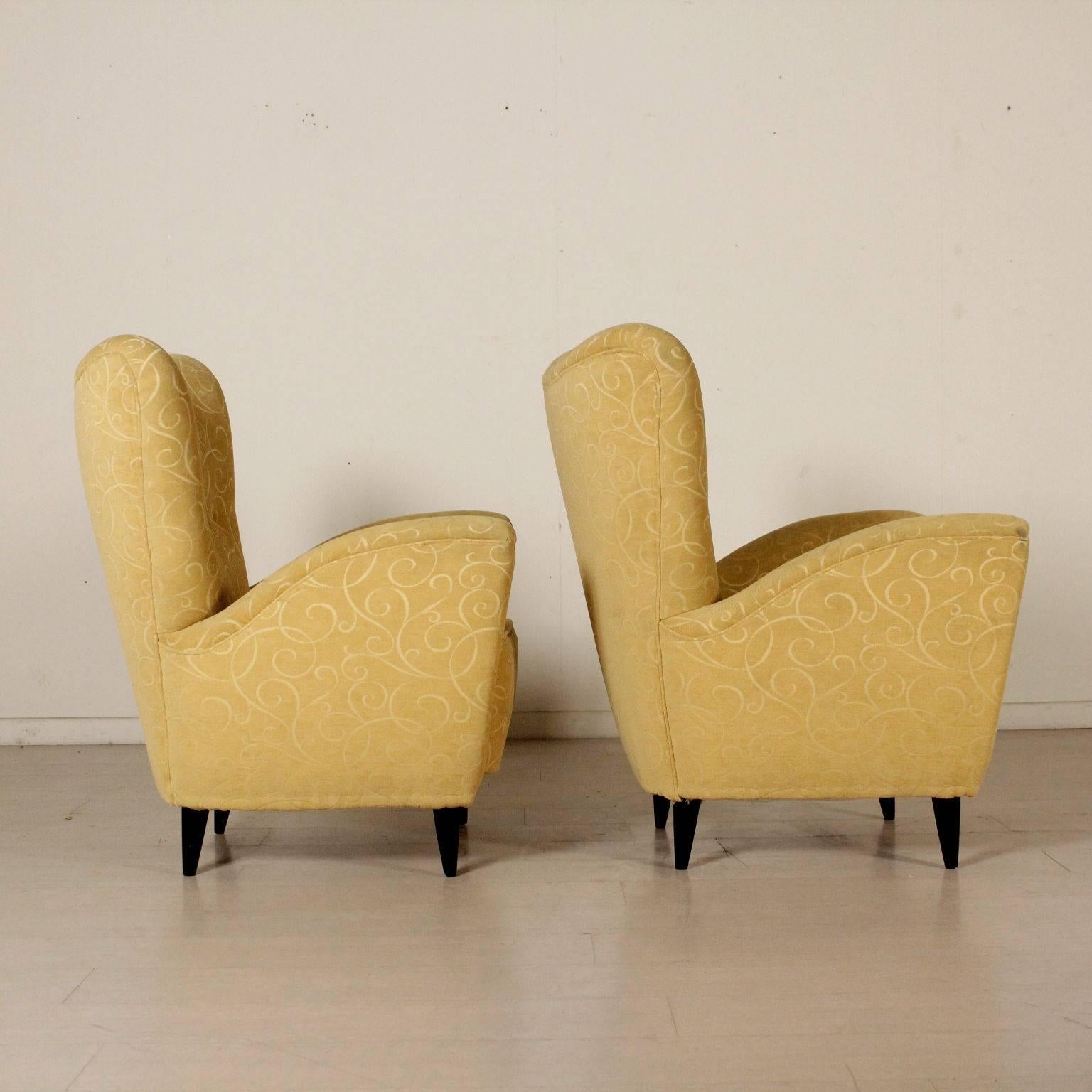 Pair of Armchairs Fabric Upholstery Stained Wood Vintage, Italy, 1950s 1