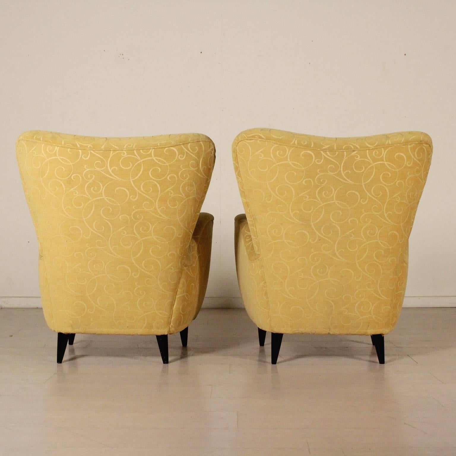 Pair of Armchairs Fabric Upholstery Stained Wood Vintage, Italy, 1950s 2