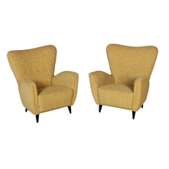 Pair of Armchairs Fabric Upholstery Stained Wood Vintage, Italy, 1950s